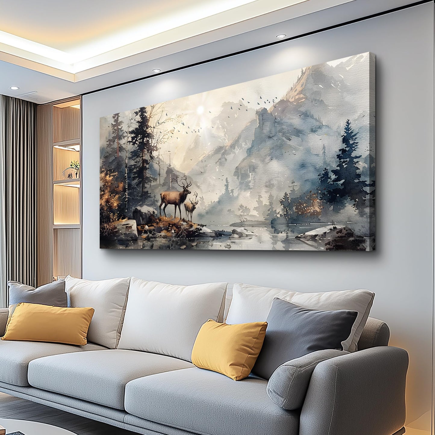 FUHAIHUA Canvas Wall Art For Living Room Framed Wall Decor For Bedroom Office Mountain Forest Landscape Ink Paintings Deer Pictures Artwork Modern Aesthetic Home Decor 20x40 In