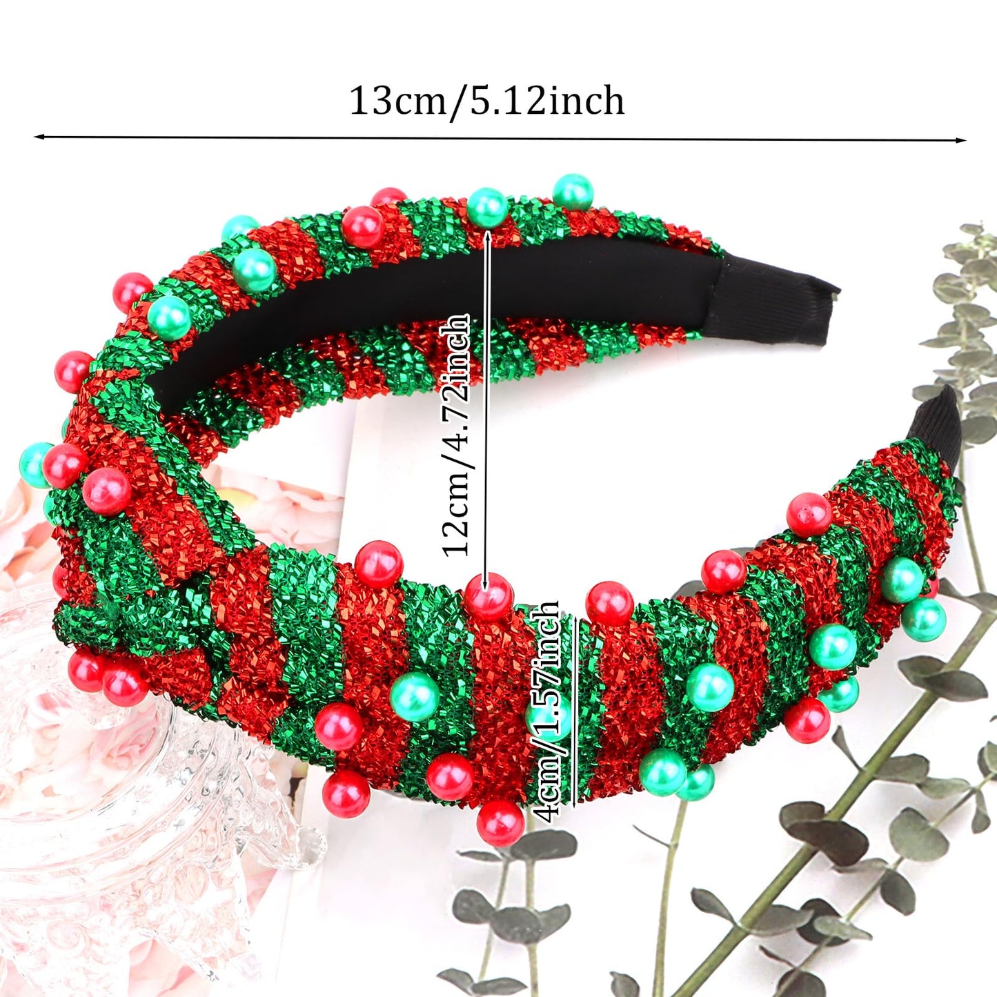 Jaciya Christmas Headband with Red Green Pearl Glitter Festive Knotted Headband for Women Girls Holiday Party Headpiece