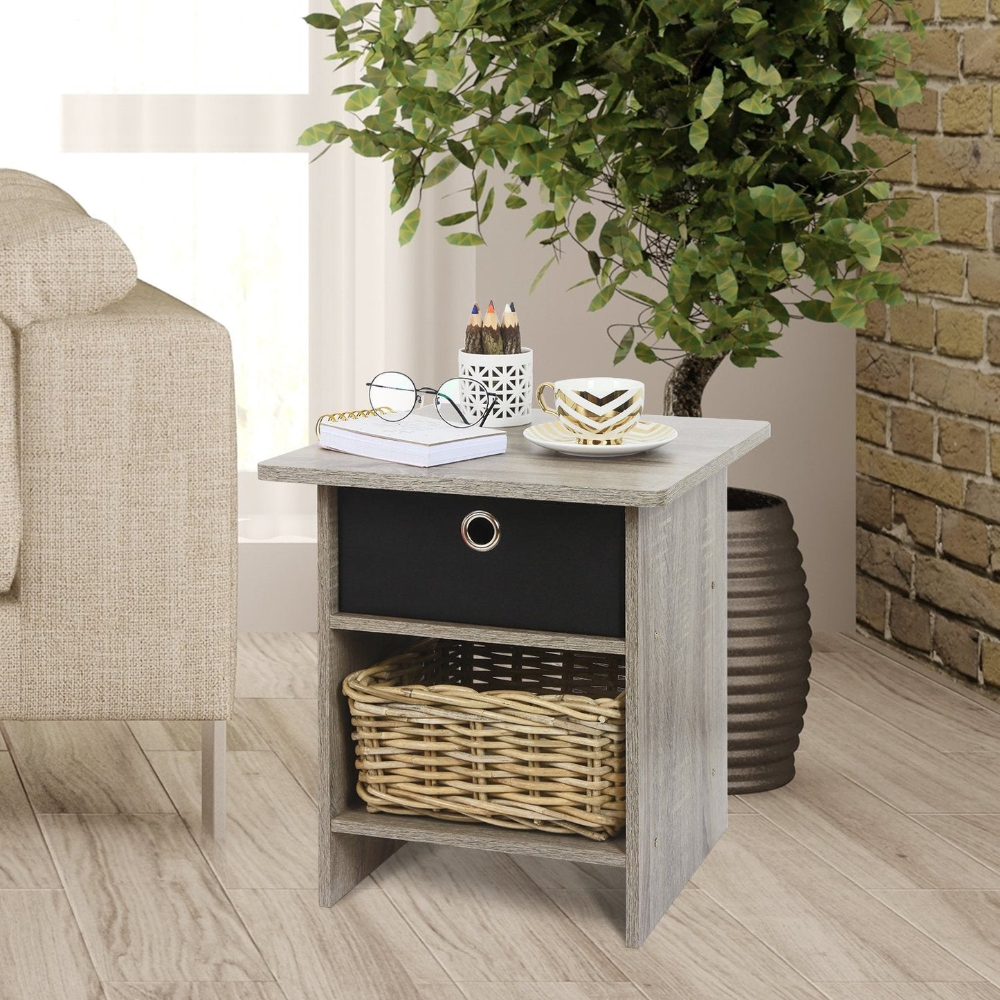 Furinno Dario End Table / Side Table / Night Stand / Bedside Table with Bin Drawer, 1-Pack, French Oak Grey/Black