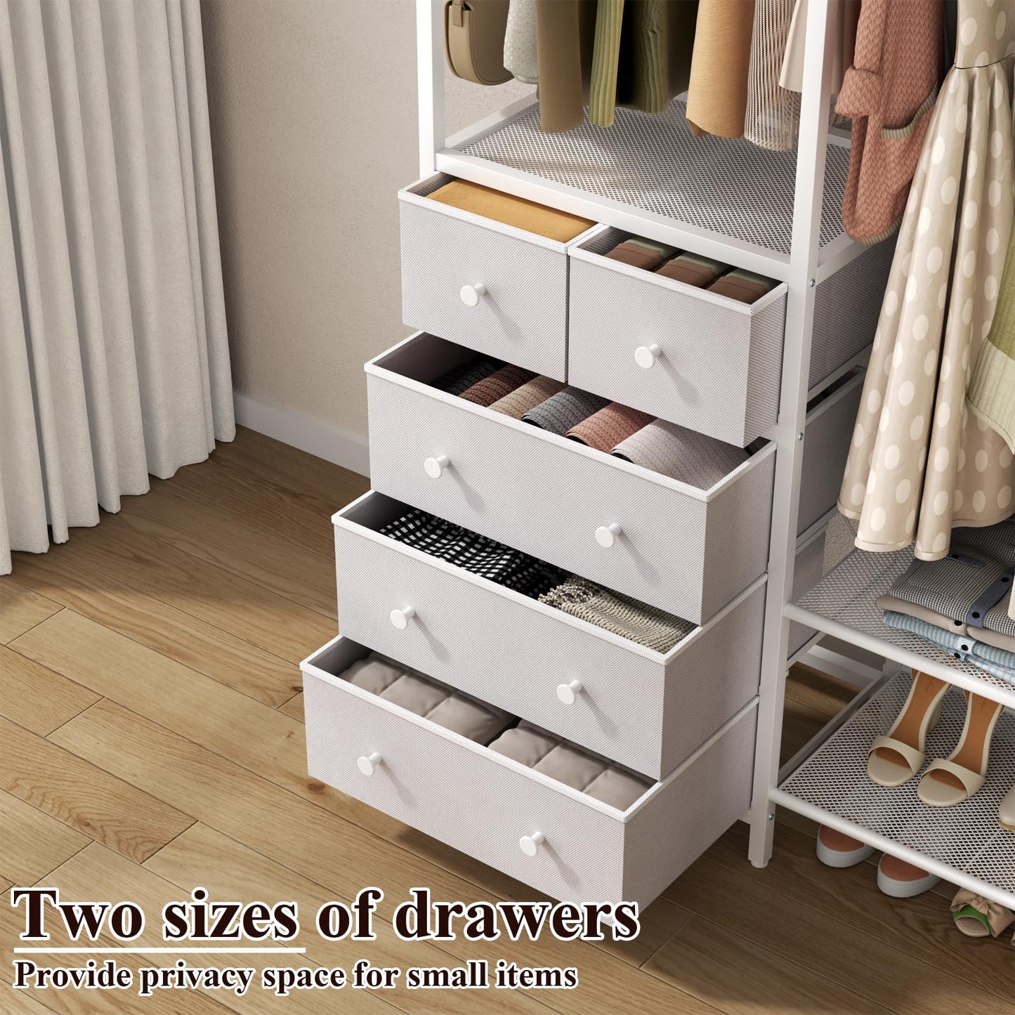 Auromie Clothes Rack with 5 Drawers & 4 Storage Shelves, 59.1W*70.9H Heavy Duty Clothing Rack with 2 Hanging Rods, Wardrobe Closet Organizer System with 5 Hooks, Freestanding Garment Rack (White)