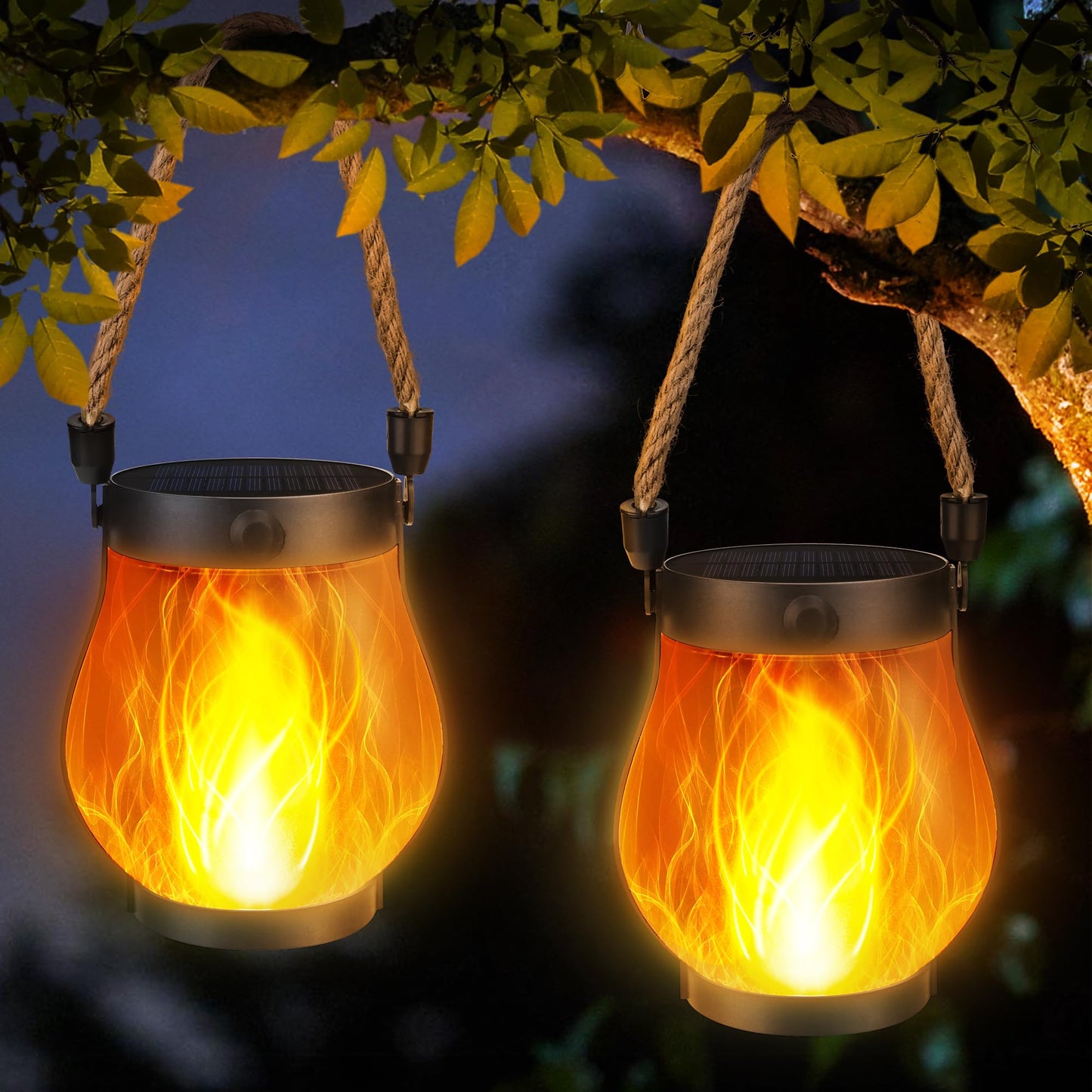 iBaycon 2 Pack Gen2 Solar Lanterns Lights, Ultra-Real Flame Garden Lights with Dual Charging USB & Solar, 2 Modes Outdoor Waterproof Hanging Lantern for Yard Home Brithday Gifts (Warm White)