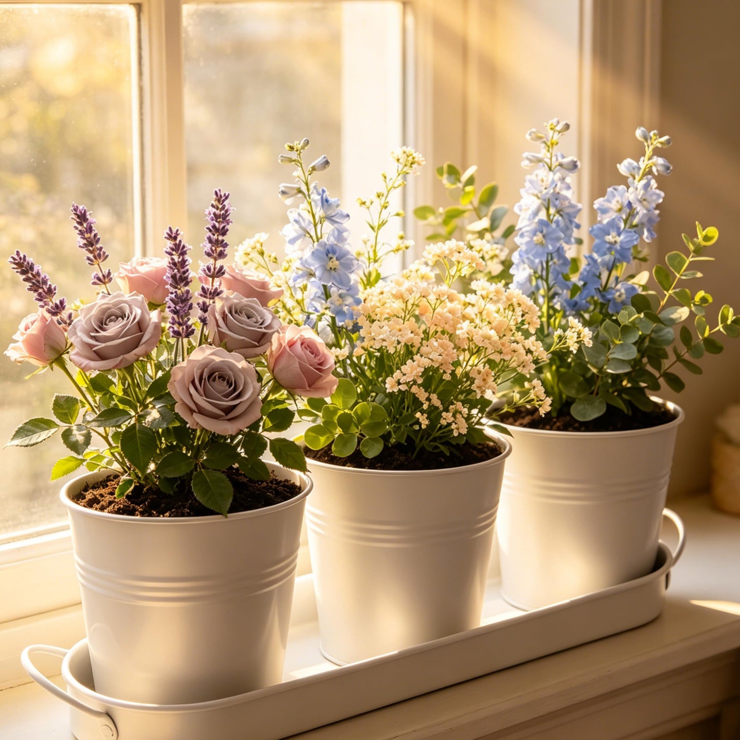 TCBWFY Indoor Herb Garden Planter Set - 3 Pack 4.7" White Metal Plant Pots with Drainage Holes & Removable Tray - Windowsill Kitchen Counter Balcony Office Garden