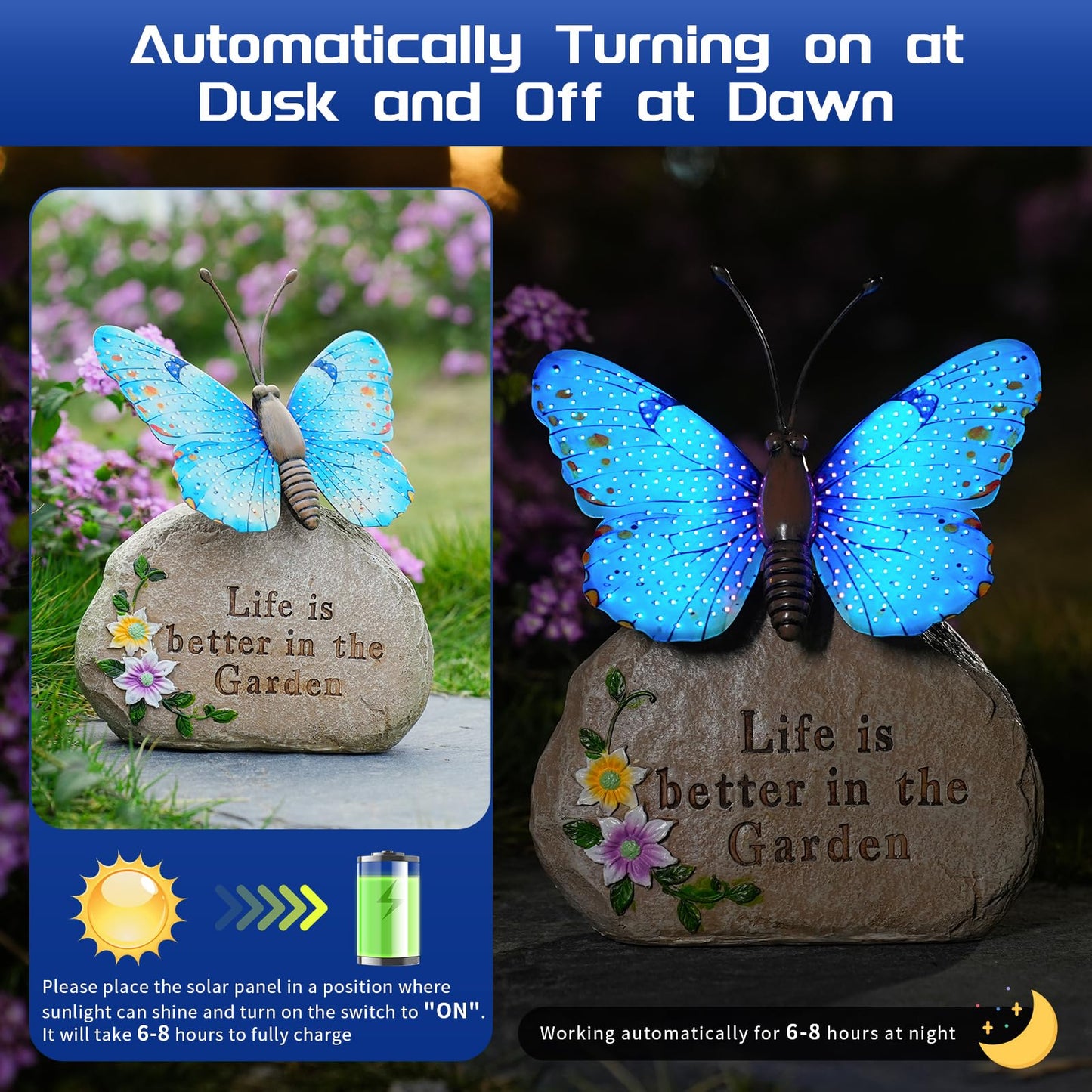 XMHBCSM Solar LED Butterfly Garden Statue with Sparkling Light-Up Wings - Outdoor Yard Patio Decor Figurine, for Women Mom Grandma (Blue)
