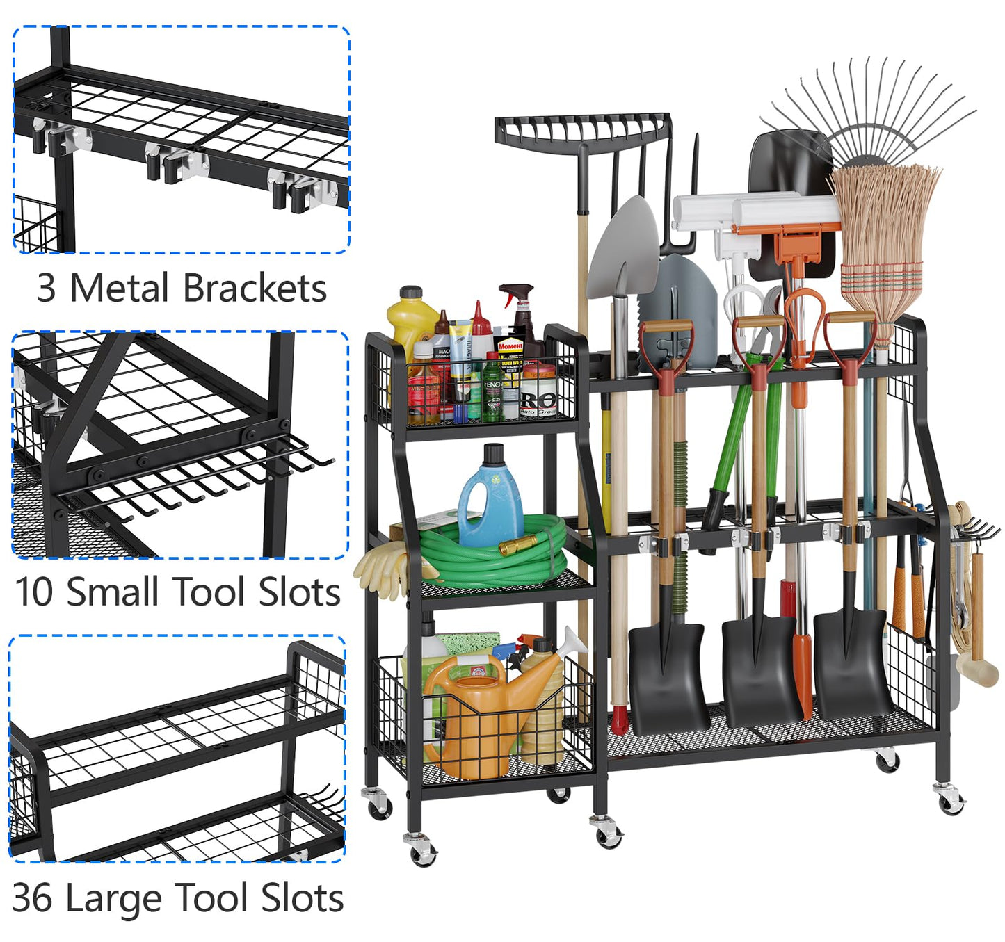 keomaisyto Garden Tool Organizer with 6 Wheels(3 lockable), Heavy Duty Yard Tool organizer with 2 Basket, Large Metal Garage Tool Organization and Storage for Garage/Shed/Yard/Broom Closet/Lawn