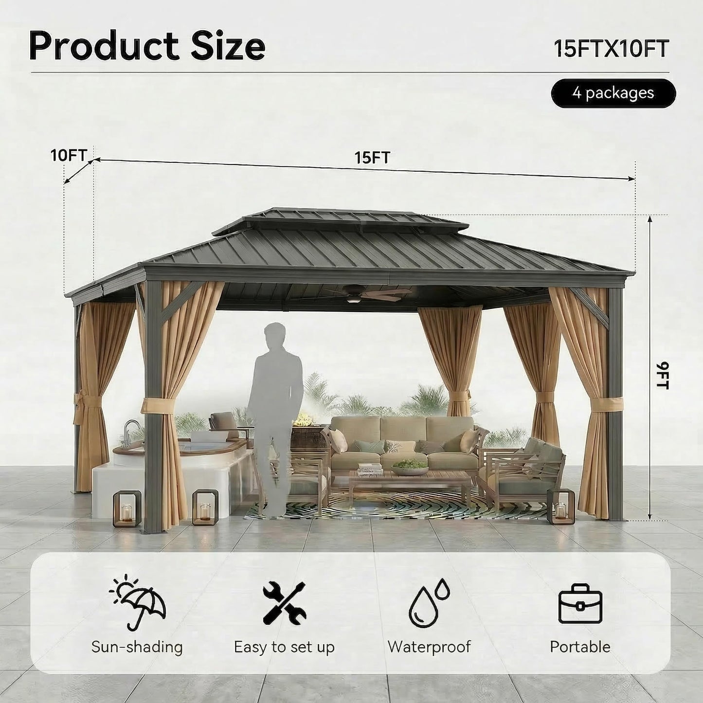 HOTEEL 10x15 Hardtop Gazebo On Clearance with Galvanized Steel Double Roof,Heavy Duty Gazebo with Flame-Retardant Curtain & Netting, Permanent Pavilion Outdoor for Patio, Frame Thickened, Brown