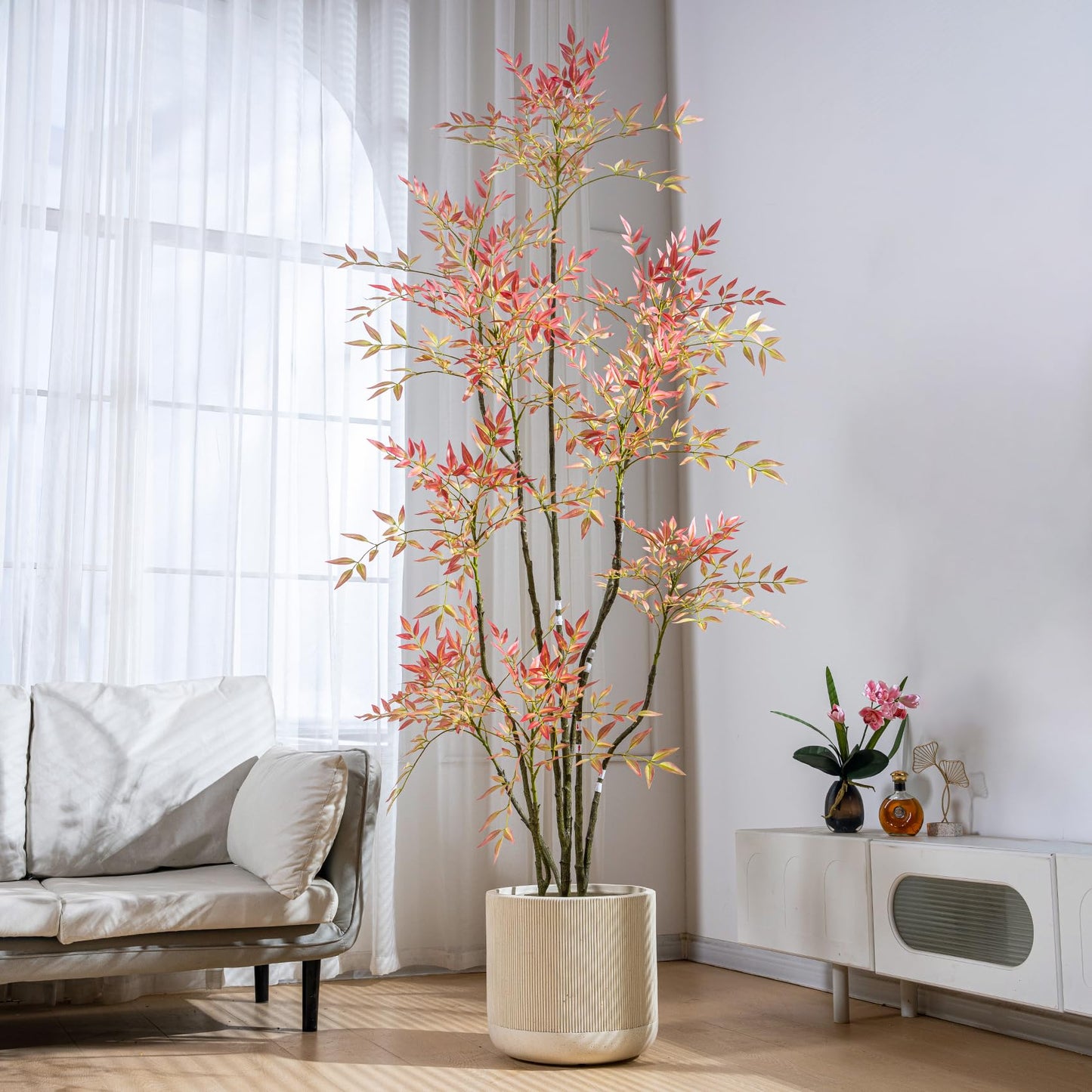 7.2ft Faux Bamboo Tree Artificial Nandina Tree Artificial Indoor Plants Realistic Fake Potted Tree with 800+ Leaves, Cement Planter - Home Office Decor Perfect for Housewarming Gift Non-Toxic