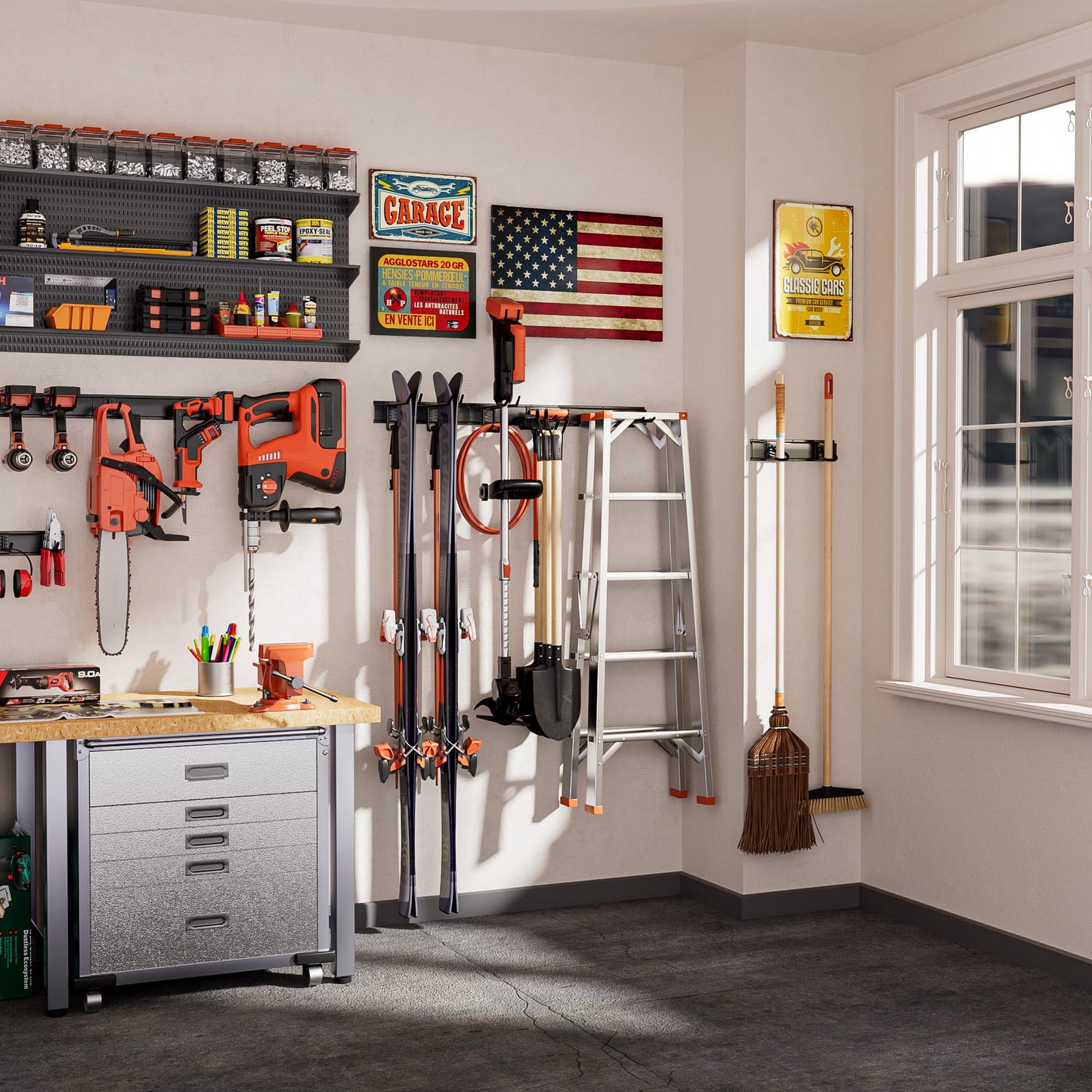 Garden Tool Organizer Wall Mount, 32 inches Tool Storage Rack with Adjustable Hooks, 600lbs Adjustable Heavy Duty Metal Hooks, Yard Shed Rack Holder System Hanging Rake Broom Mop Snowboard, Men Gift