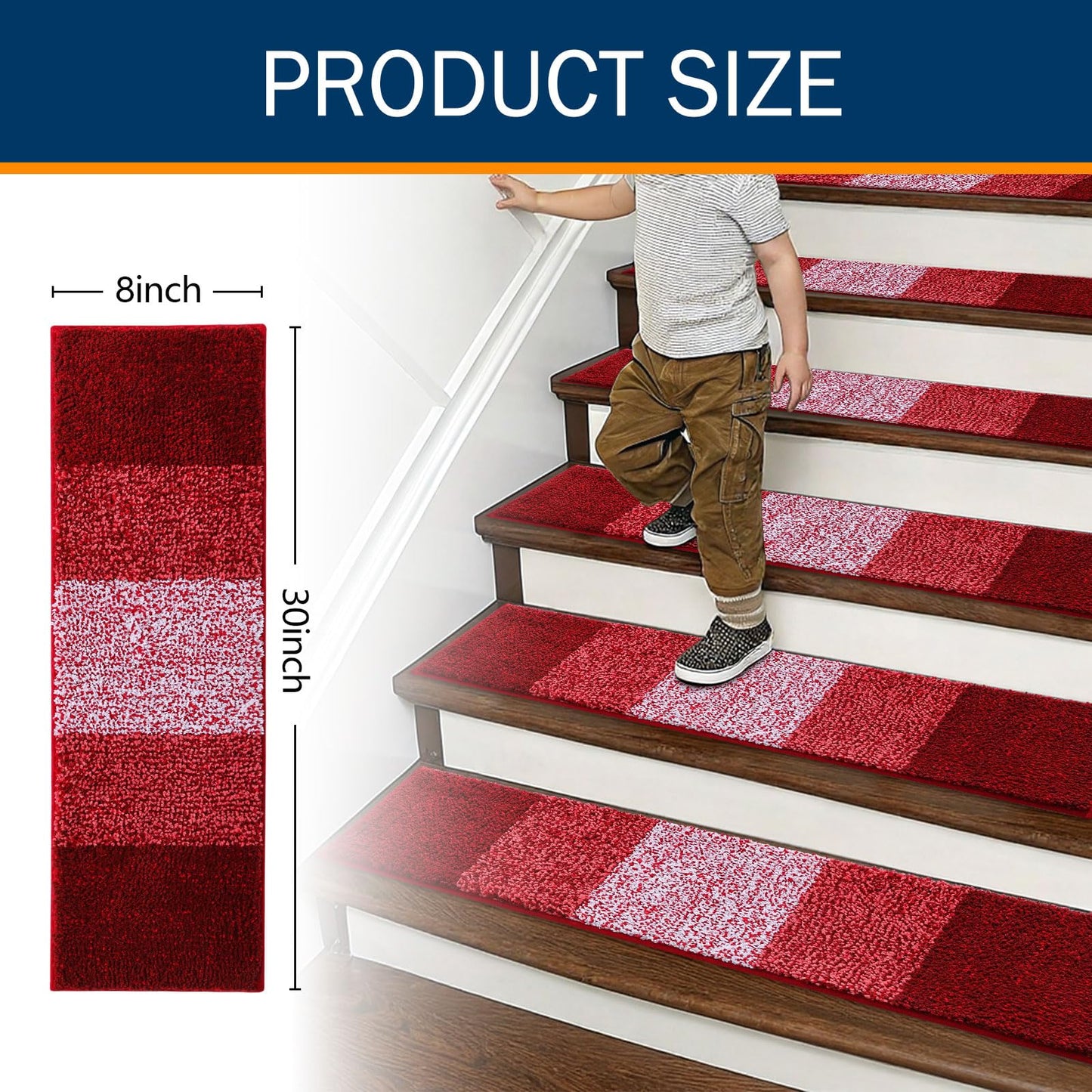 OLANLY Stair Treads Non Slip 15PCS, 8" x 30" Indoor Stair Runners for Wooden Steps, Edging Stair Rugs with Reusable Peel and Stick Adhesive for Kids Elders and Pets, Burgundy