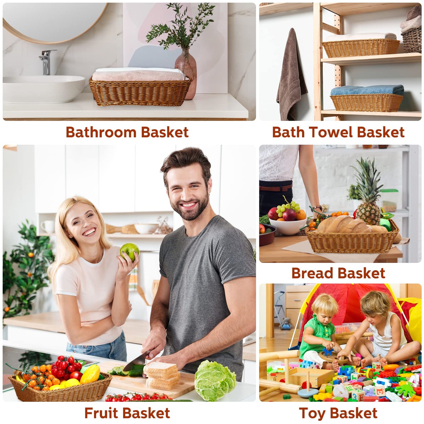 Eccliy 6 Pack Wicker Bread Baskets 15.8 Inch Woven Serving Basket for Gifts, Poly Wicker Storage Rectangle Rattan Display Trays for Bread Food Vegetables Fruit Snacks Tabletop Restaurant Home