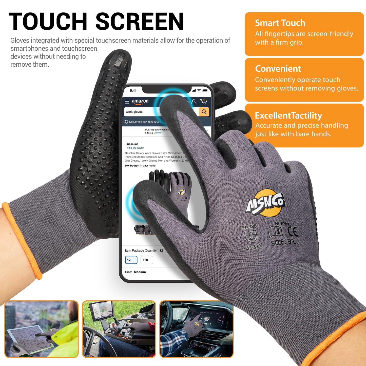MSNCO Safety Work Gloves 6/12 Pairs Micro Foam Nitrile Coated Endurance Seamless Knit Nylon ，Wear-resistant mechanical gloves with raised dots L Bump