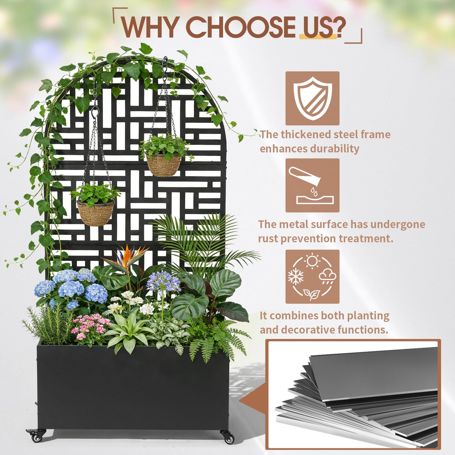 VINGLI 71″H Metal Raised Garden Bed with Trellis and Wheels, Outdoor Planter Box with Drainage Holes for Climbing Plants, Vegetables and Vines, Privacy Screen, for Patio, Backyard and Balcony, Black