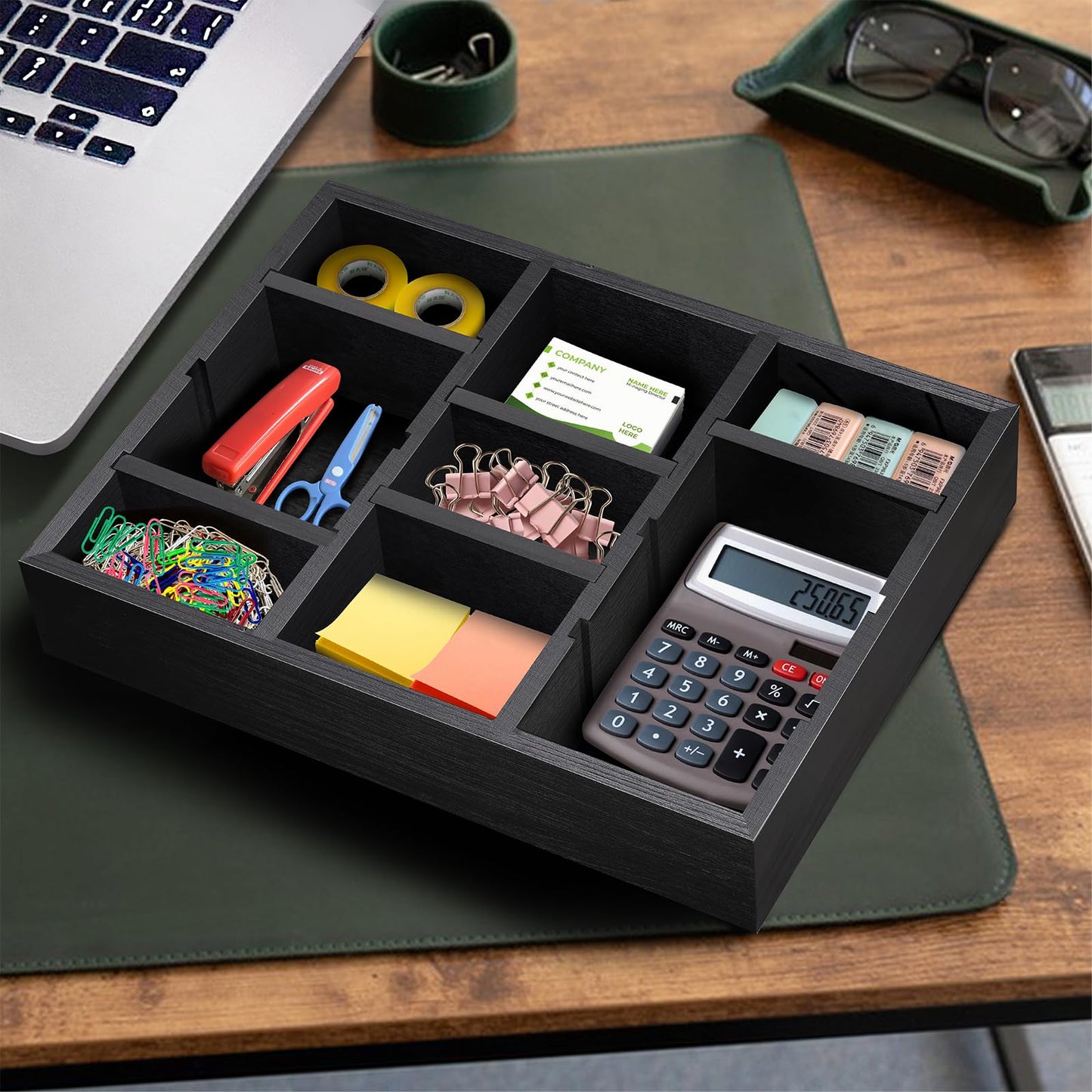 Wooden Desk Drawer Organizer, 9-Slot Office Organization and Storage Box, Adjustable Natural Wood Desktop Tray for Pens, Sticky Notes, and Small Accessories, Aesthetic Home Office Decor (12 x 9 In)