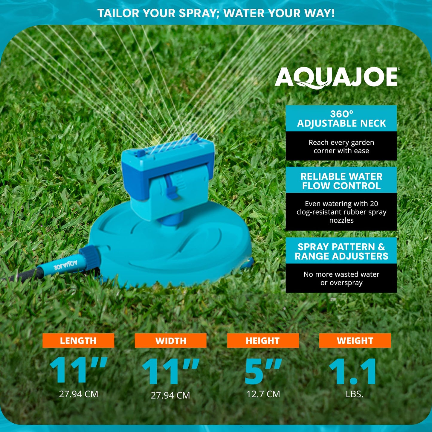 Aqua Joe AJ-OSPR20 Mini Oscillating Sprinkler on Sled Base, Up to 4,250 Square-Foot Coverage