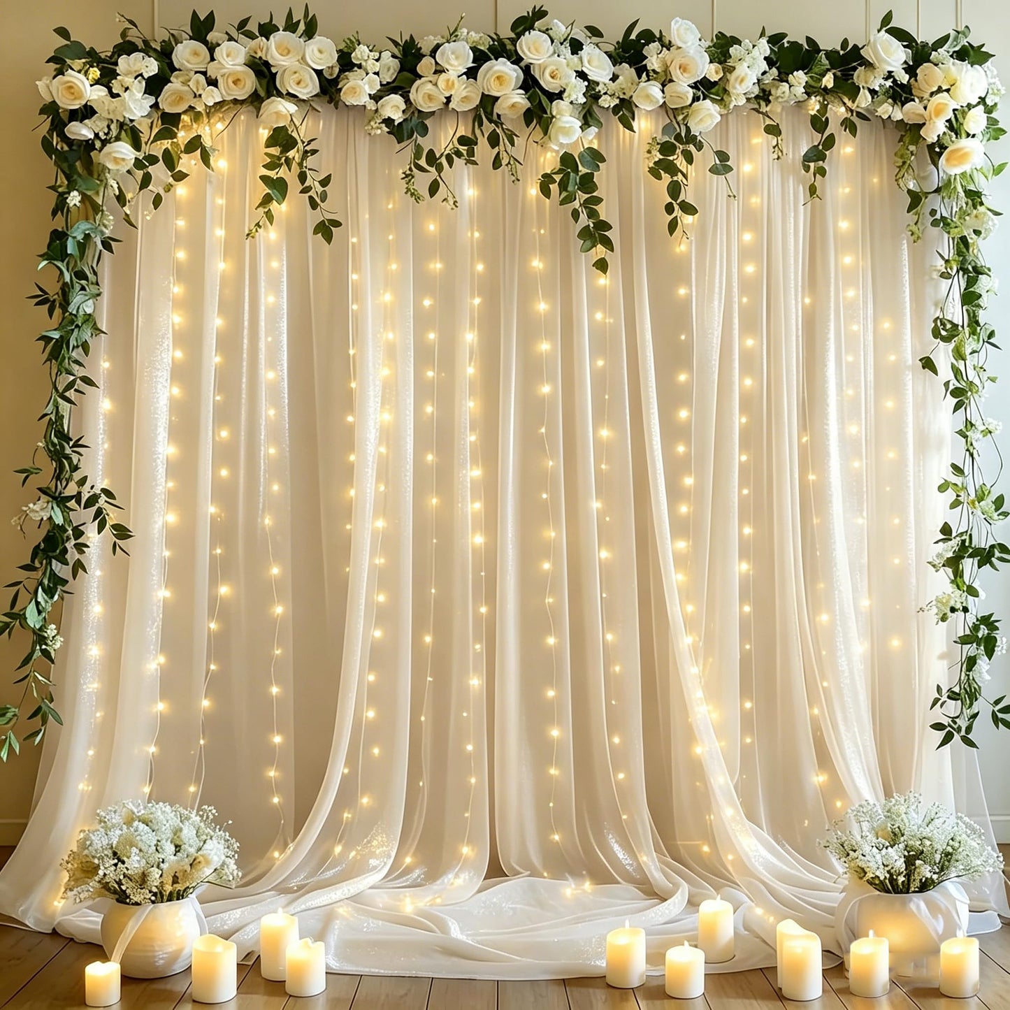 10x10ft Cream White Tulle Backdrop Curtains with Lights String for Parties,Wrinkle Free Sheer Curtain Wedding Photo Backdop Drapes for Baby Shower Birthday Party Photography Home Decorations