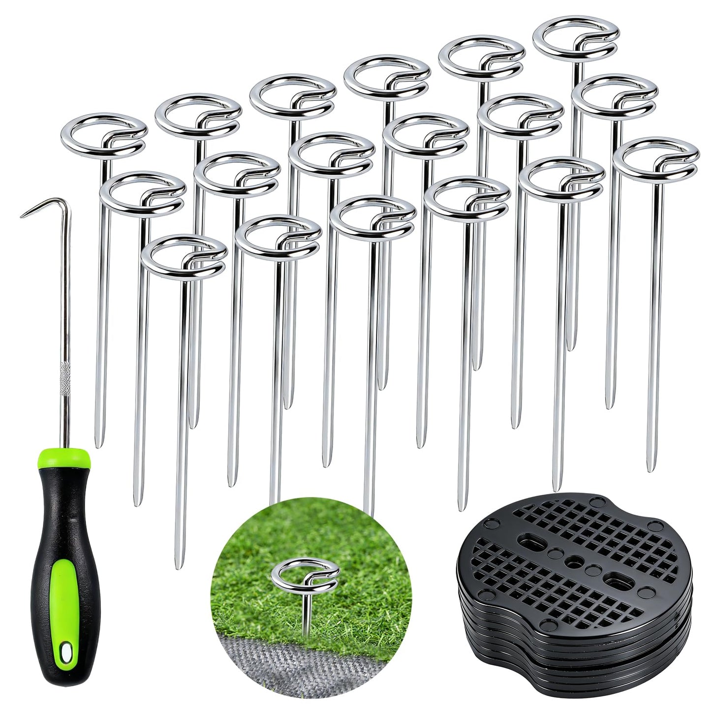120Pcs Landscape Fabric Pins, Weed Barrier Stakes with 60Pcs Gaskets, 1Pcs Pick Hook, 6 Inch Landscape Stakes for Plant Cover, Tent, Weed Barrier Fabric, Turf and Outdoor Decoration