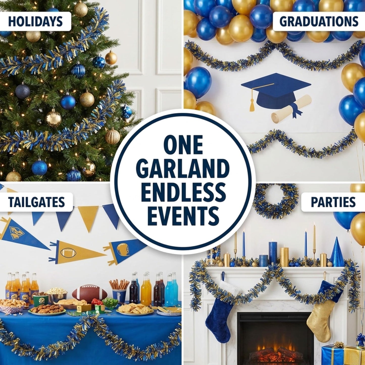 Anderson's Metallic Blue & Gold Tinsel Twist Garland, 25ft Holiday Decoration, Christmas Tree Trim, Parade Float Decor, Party Supplies, Halloween, Graduation, Indoor Outdoor Event Garland