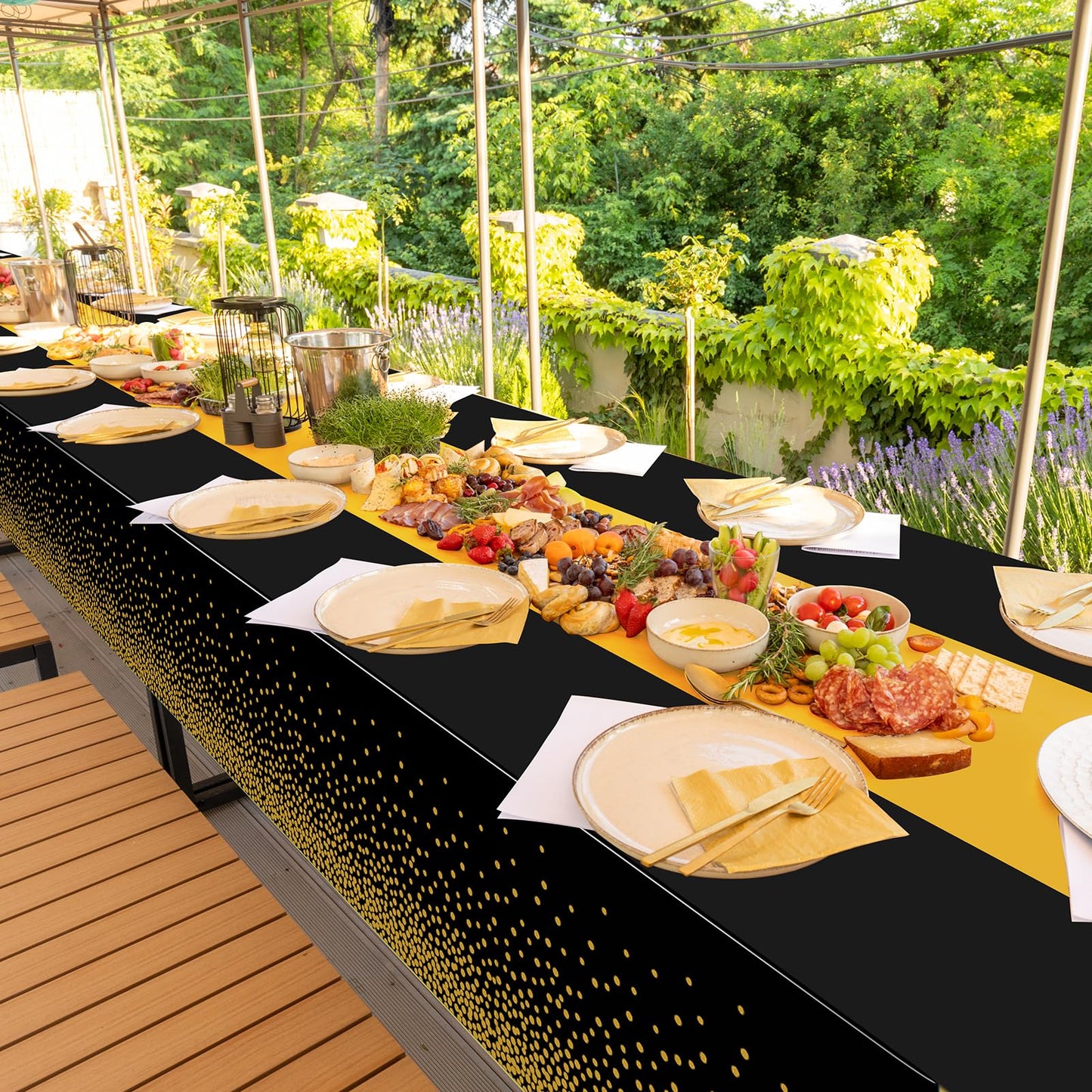 3Pcs Black and Gold Tablecloth Party Decorations,Plastic Black Table Cloth Printed Gold Table Runner Disposable Rectangle Tables Cover for Birthday Retirement Anniversary Graduation Party,54 x108 Inch
