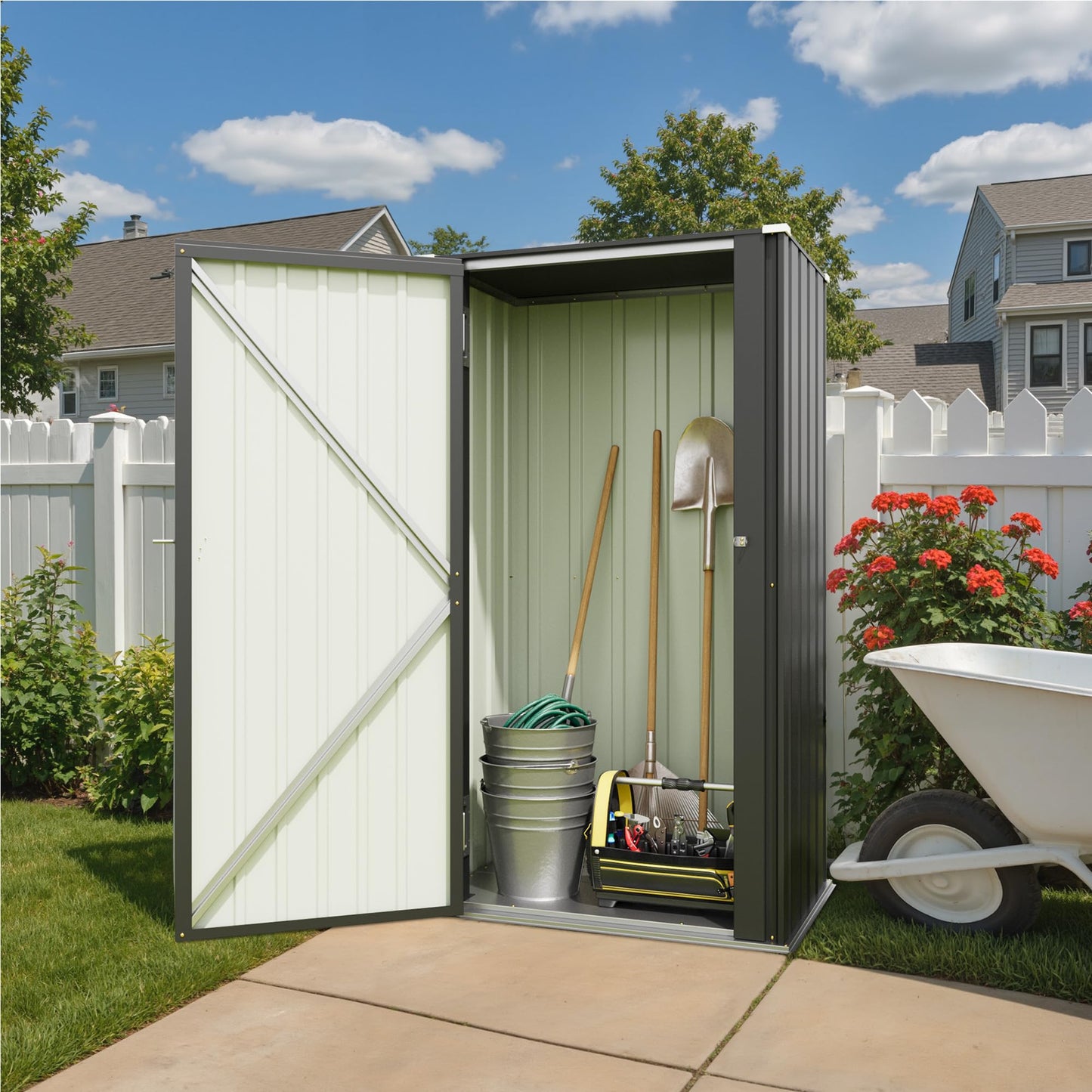 Patiowell 22 Cuft Outdoor Storage Cabinet, Metal Storage Shed with Lockable Door, Indoor Outdoor Vertical Waterproof Tool Shed Without Adjustable Shelves for Patio Garden Backyard, Black