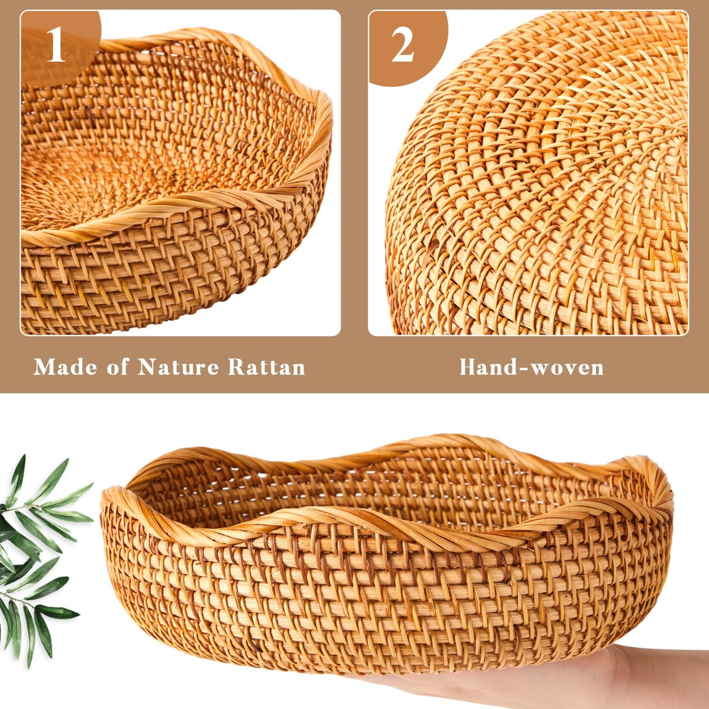 Fiwochic 3 Pcs 10.2 Inch Scalloped Rattan Fruit Baskets Round Wicker Bread Food Serving Storage Bowls Large Woven Natural Decorative Basket Tray for Kitchen Entryway Tabletop Counter Organizing