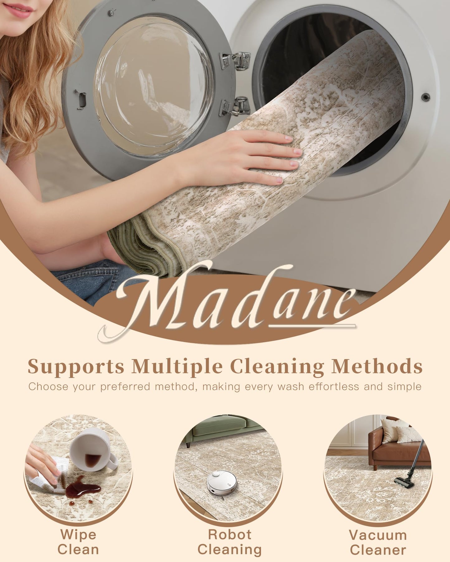 Madane Washable Runner Rug 2x6, Kitchen Hallway Runner Rug with Non-Slip Rubber Backing, Vintage Soft Low Pile Carpet Runner for Entryway Laundry Bathroom Bedroom Living Room (2 x 6, Beige/Brown)