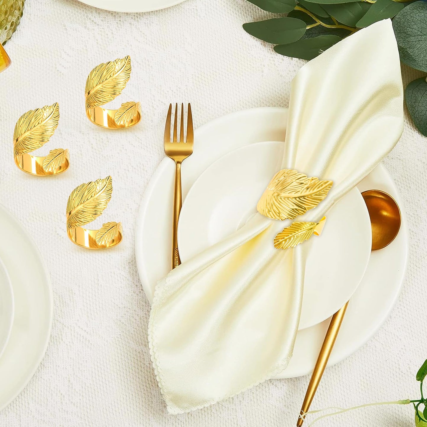 12-Pack Elegant Napkin Rings, Premium Metal Napkin Holders for Wedding, Daily Dining & Holiday Decor, Polished Gold & Silver Napkin Rings Set for Table Setting (Leaf Shaped-Gold)