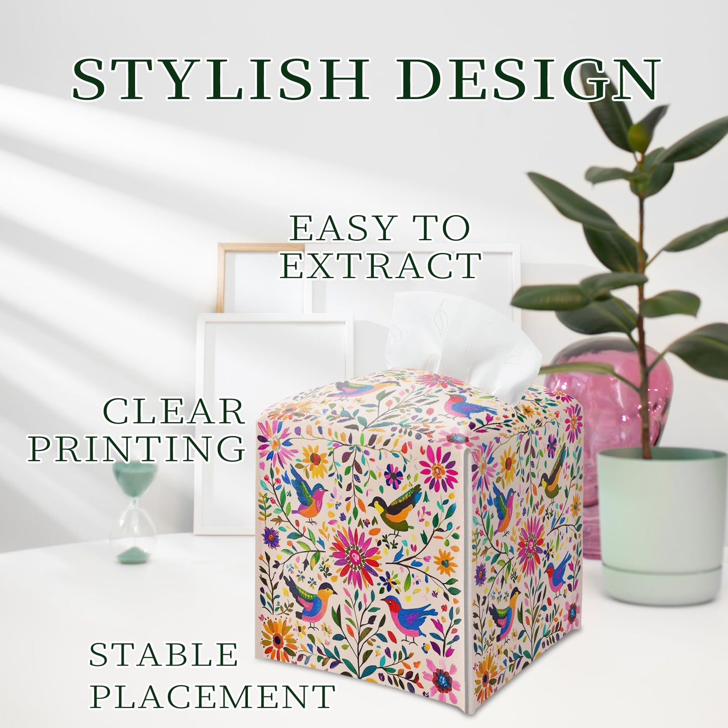 Floral Bird Tissue Box Holder, Scandinavian Leather Tissue Box Cover Square with Bottom Belt, Paper Napkins Everyday Dispenser for Bathroom Night Stands Kitchen Office Car Home Decor