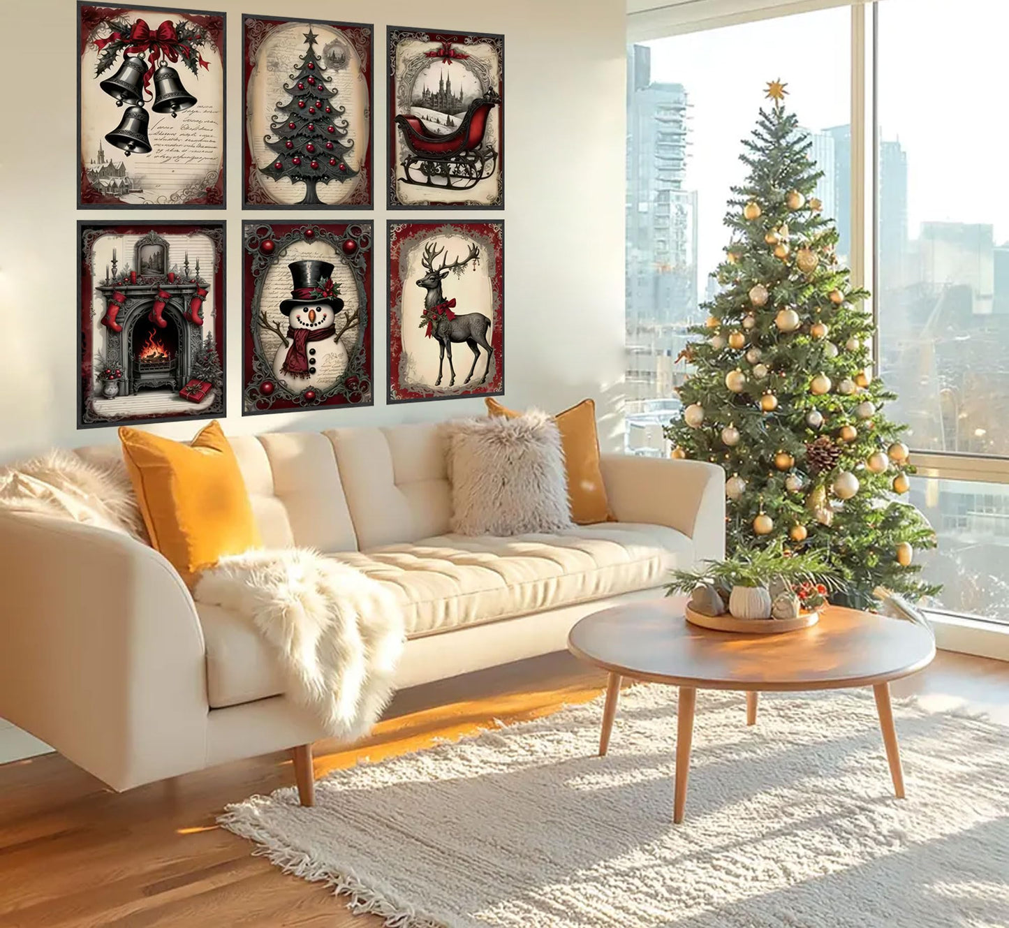 6pcs Christmas Canvas Wall Art Red Christmas Tree Snowman Elk Posters Prints Paintings Winter Landscape Festive Elements Wall Decor Pictures for Living Room And Bedroom Furniture Decoration Unframed