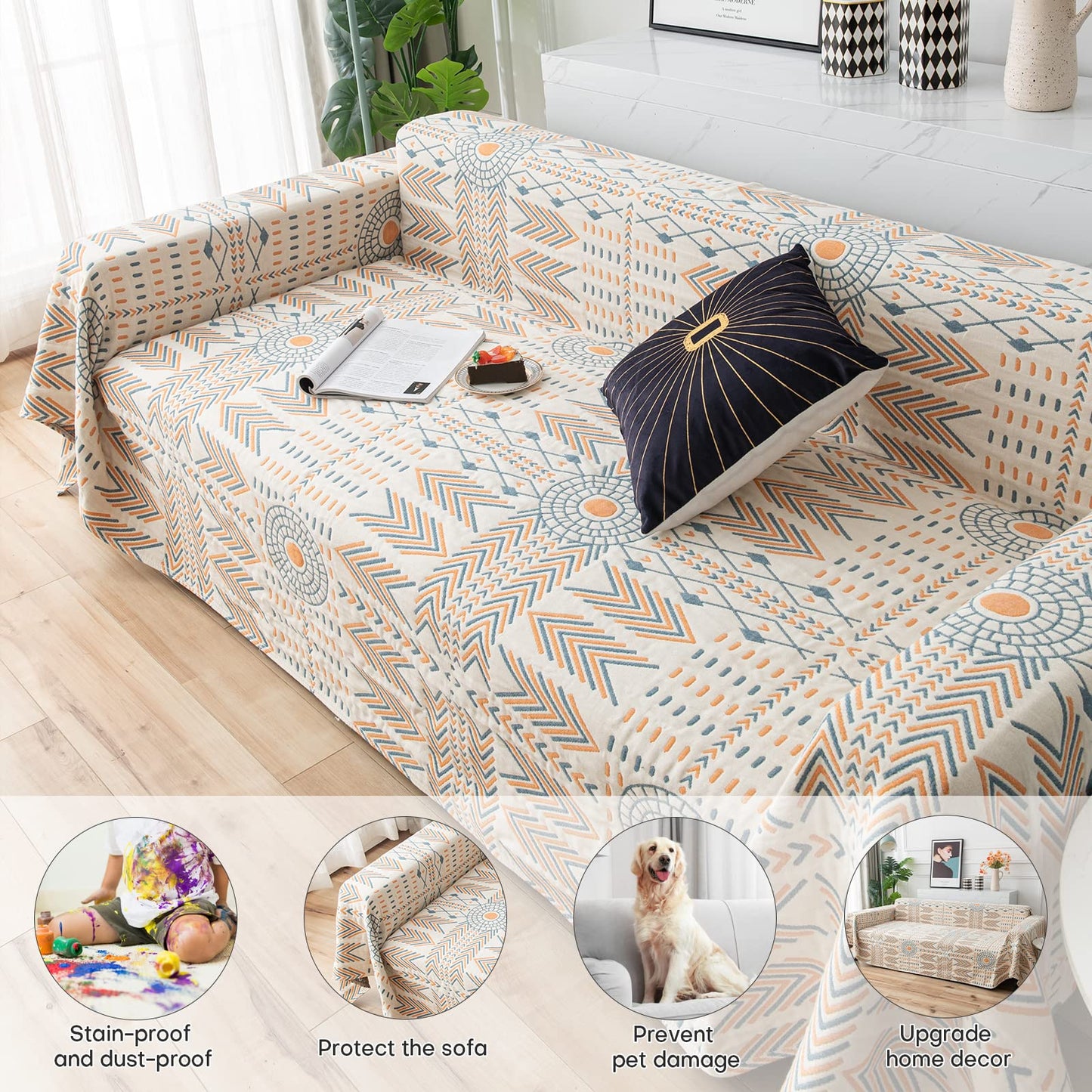 Osunnus Cotton Couch Cover Washable Boho Reversible Throw Sofa Cover Geometric Jacquard Multi-Use Furniture Protector for 2-3 Cushion Sectional L Shaped Sofa Bed Boho Home Decor, 79" x 118"