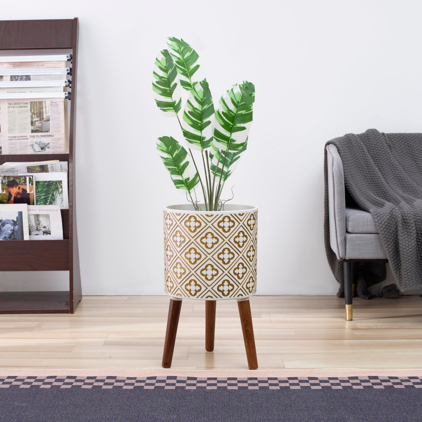 naclto 12 Inch Planter Pot with Stand,Plant Stand Plant Pot for Indoor Plants,Large Modern Flower Pots Indoor Outdoor with Drainage for Home Garden Patio, White and Gold