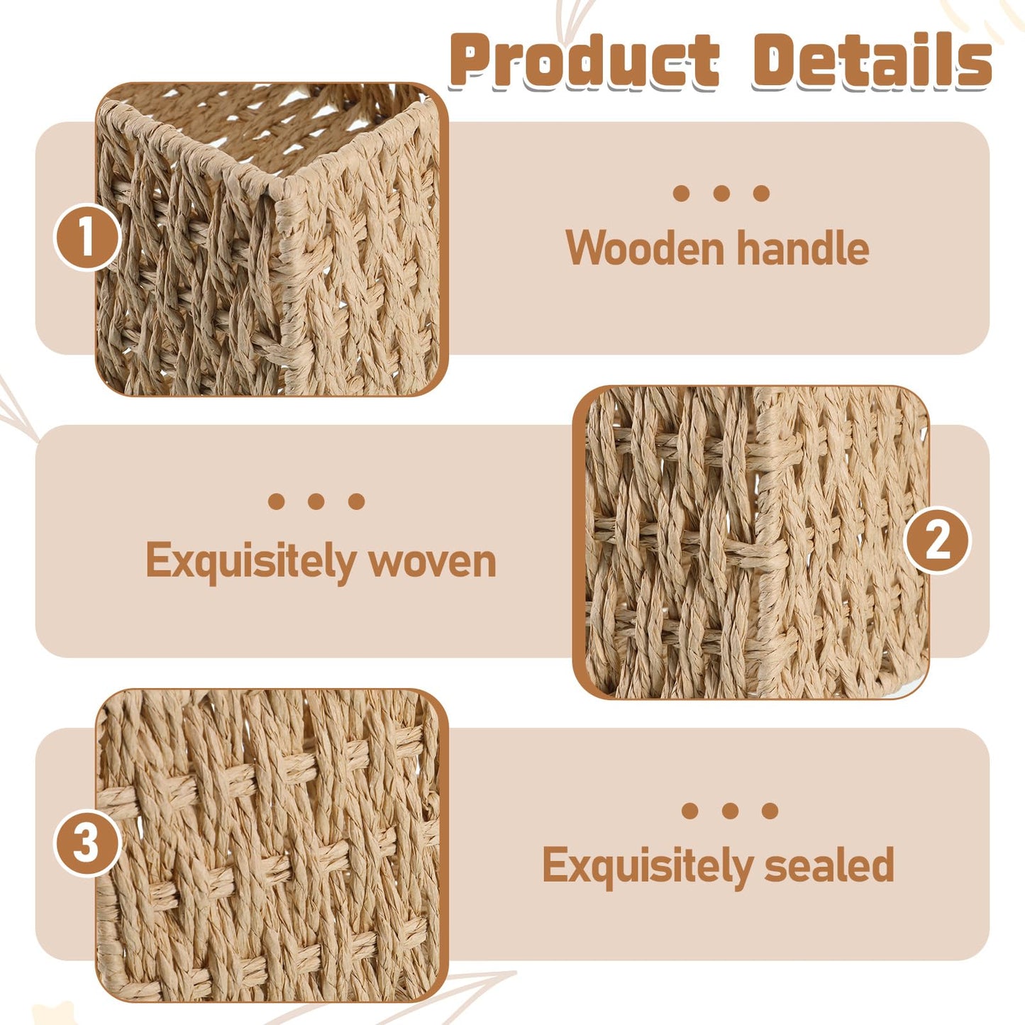 3 Pack Wicker Baskets for Organizing, Toilet Tank Basket for Bathroom, Hand-Woven Paper Rope Wicker Baskets, Toilet Paper Storage Basket for Toilets Tank Top for Shelves