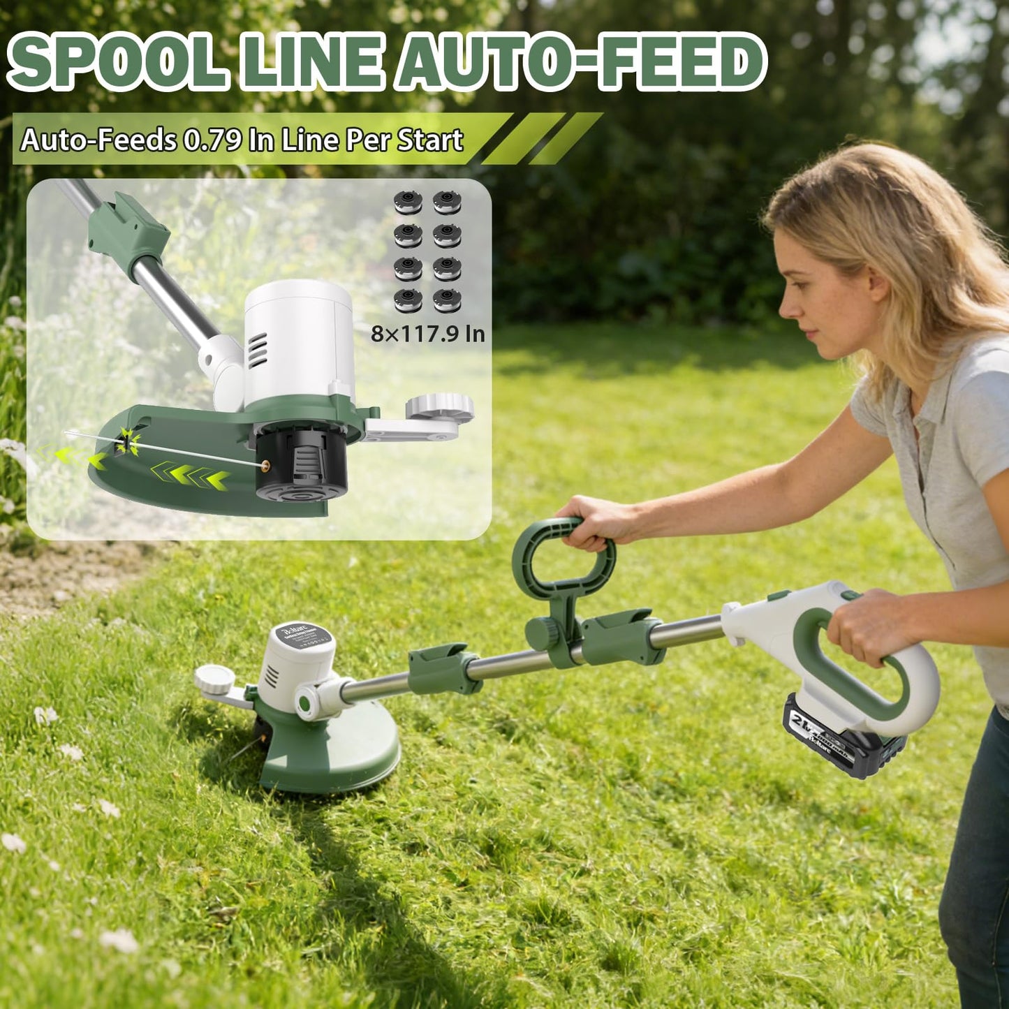 21V 3-in-1 Cordless Weed Eater-Weeding/Trimming/Lawn Mower, with 8 Replace Auto Line Feed, Electric Grass Trimmer for Garden, Lawn, 120 Mins of Non-Stop (2 * 4.0 mAh Battery & Charger Included)
