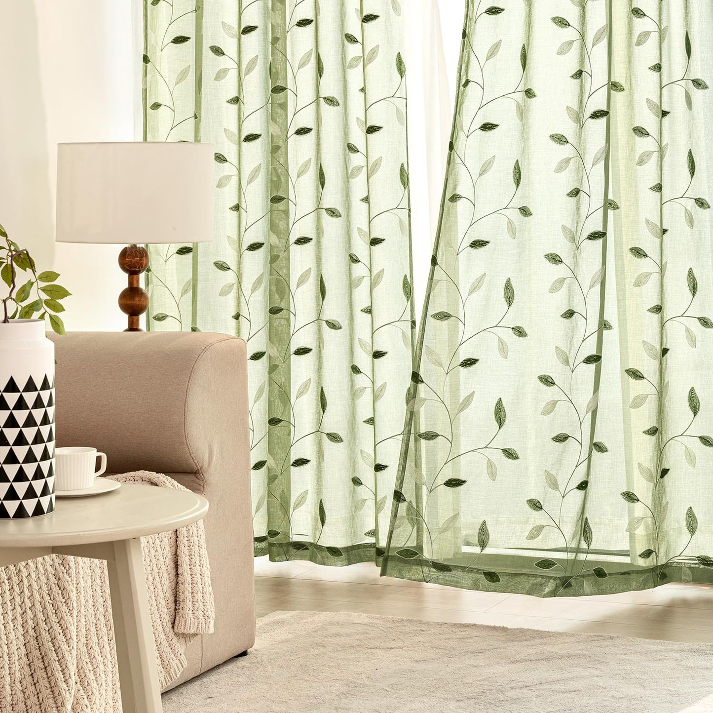 MIULEE Sage Green Sheer Curtains 2 Panels Embroidered Leaf Patterned Rod Pocket Floral Semi Sheer Faux Linen Window Curtains Drapes Set for Living Room Bedroom Dining Room, 52x84 Inches Long