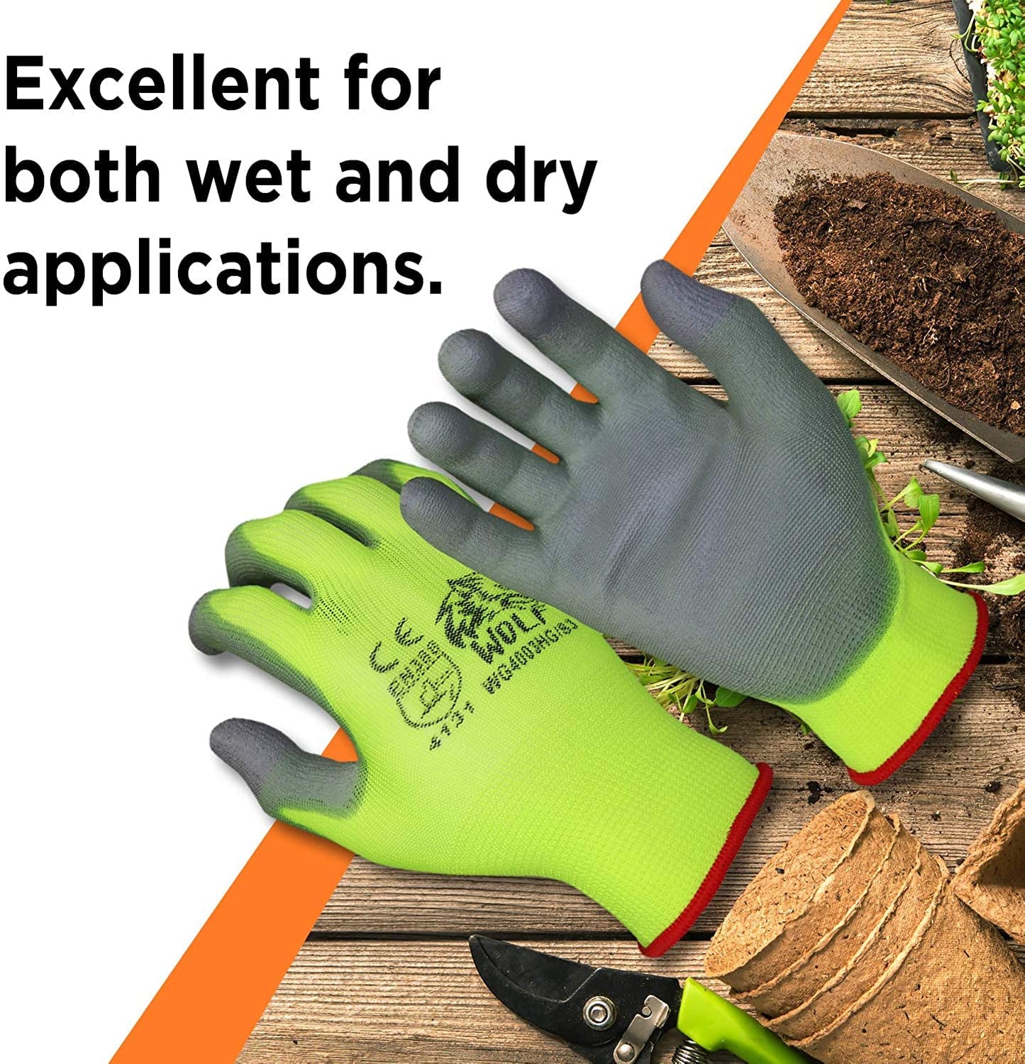 WOLF High-Viz Green Ultra-Thin PU Palm Coated Work Glove, Indoor/Outdoor, Construction, Maintenance, Gardening, Mechanic, Warehouse, Multi-Purpose, Flexible Grip, Small (Pack of 12)