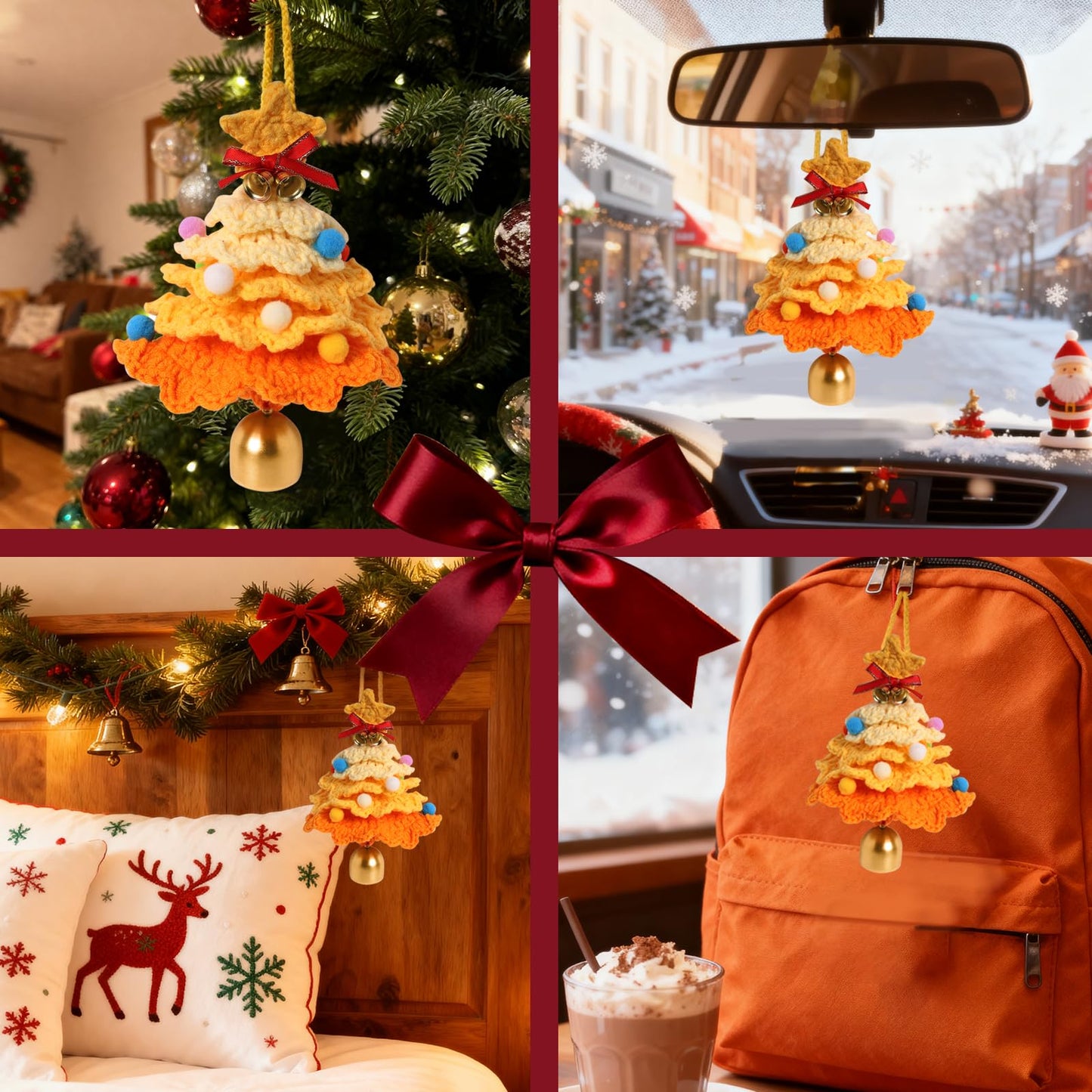 JSSTEM Handmade Crochet Christmas Tree, Hand-Knitted Ornaments Car Pendant with Bells, Stars, Bows & Pom Poms, Cotton Xmas Decor for Holiday Tree, Festive Gift, Home, Car and Party Decor, Yellow