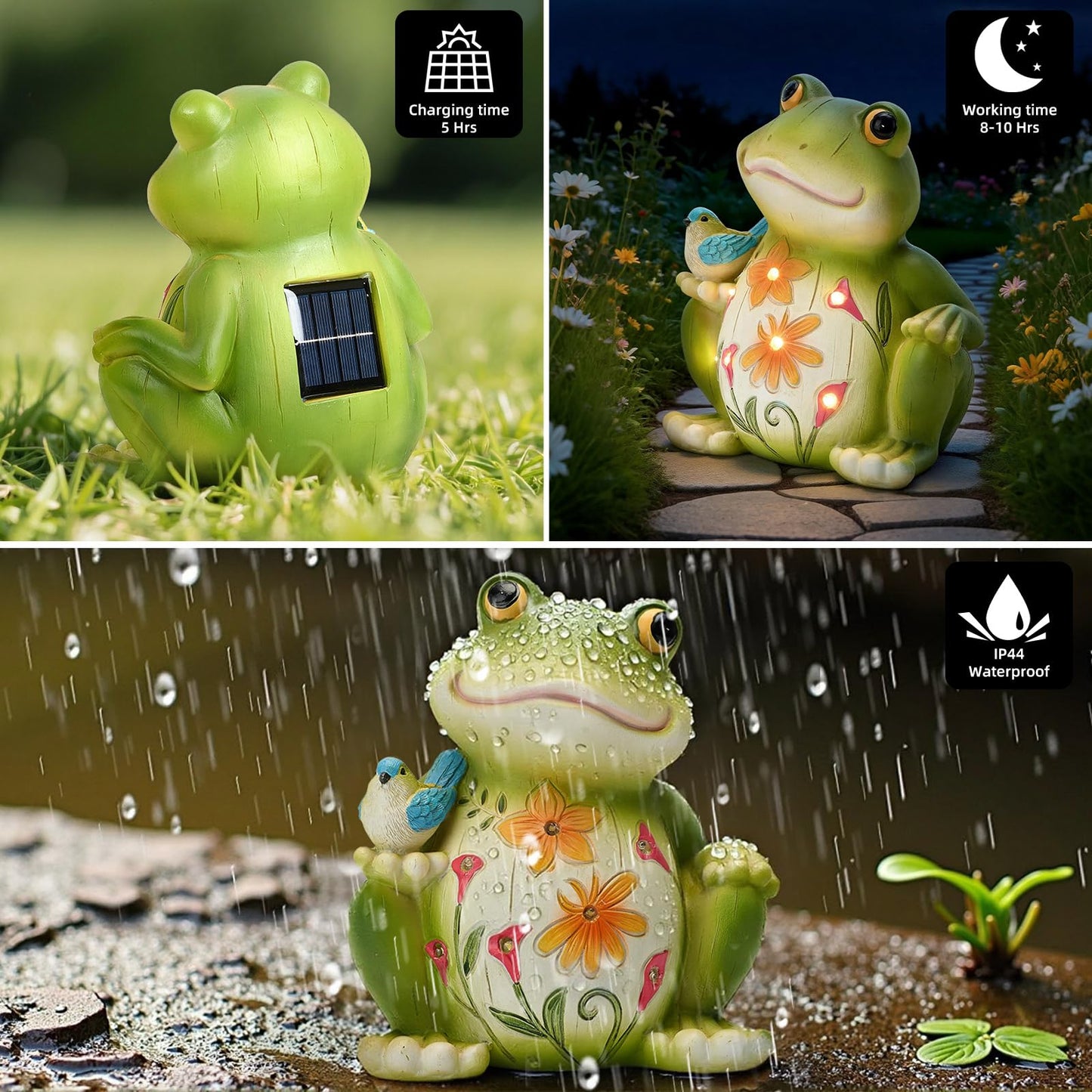 ZioWio Solar Garden Frog Decor Outdoor Statue - Frog with LED Waterproof Sculptures Lights, Cute Pond/Yard Statues Outside Decoration, Home, Lawn, Patio, Resin Animal Ornament, Women/Gardening Gift