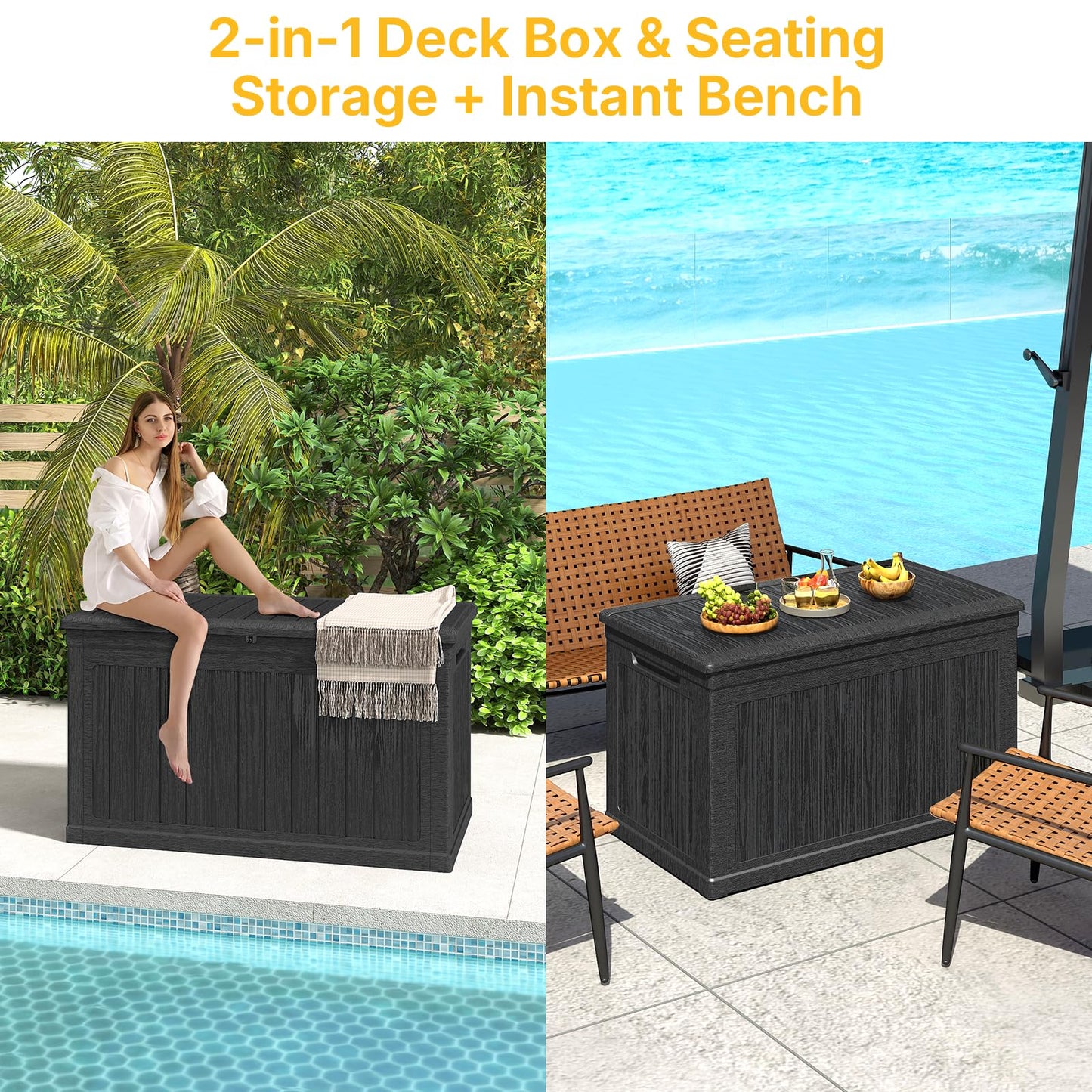 Skepphlay 230 Gallon Deck Box Extra Large, Outdoor Storage Box Lockable, Patio Storage Box Waterproof and UV Resistant, 1000lbs Load Capacity for Garden, Patio, Pool (Black)