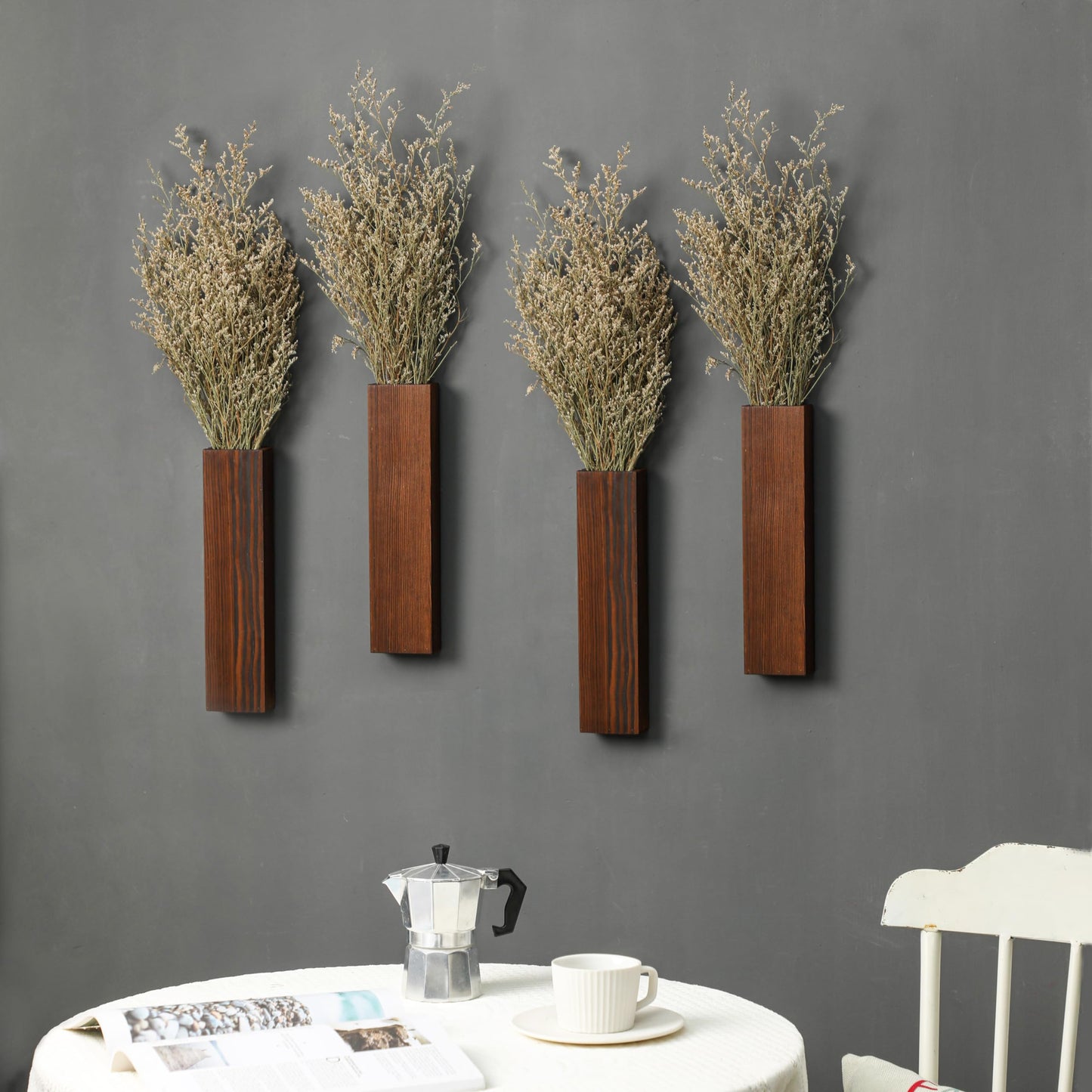 Wood Wall Planter 4 Pack Wall Decor for Artificial Flower Plants Wooden Plants Holders Pocket Vase Hanging for Living Room Bedroom Dining Room Bathroom Indoor Decroation (Dark Brown)