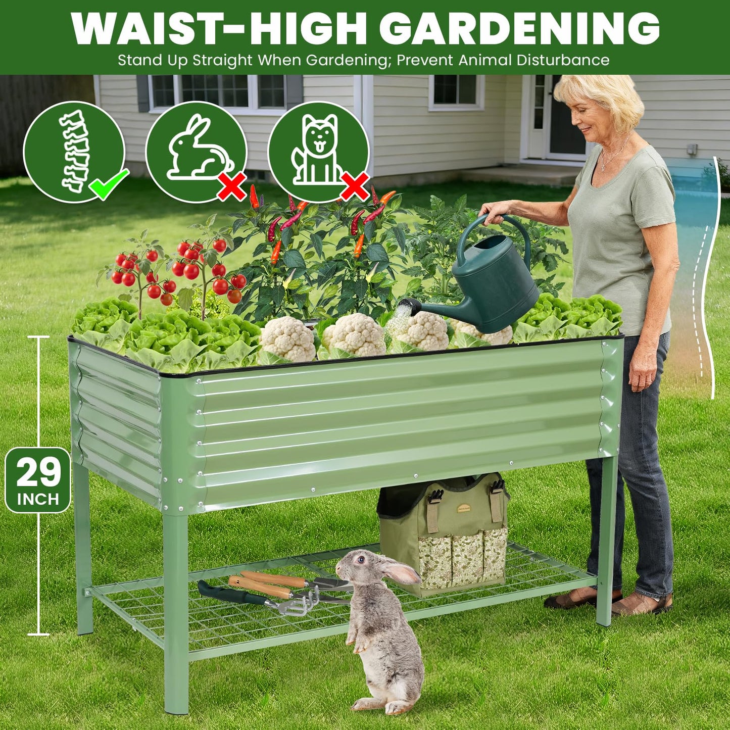 Elevated Raised Garden Bed 2' x 4'- Galvanized Metal Planter Boxes with Legs & Storage Rack, Outdoor Planters for Backyard/Patio/Balcony, with Drainage Holes for Vegetables, Flowers, Herbs, Green