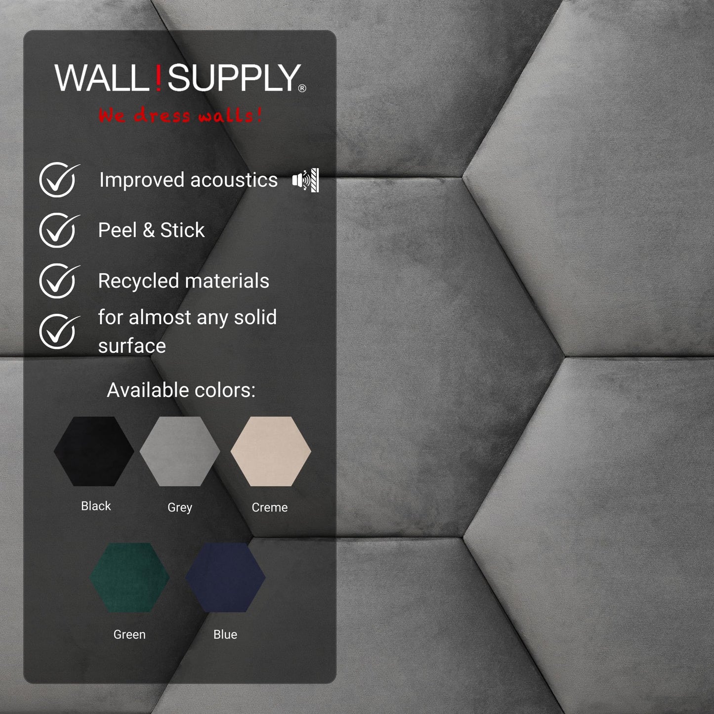 Wall!Supply - Gray Hexagon Velvet Wall Panels - Plush Textile Wall Covering for Feature Walls - Textured Peel-and-Stick Wallpaper Alternative - Sound Dampening - Easy DIY Installation (2-Pack)