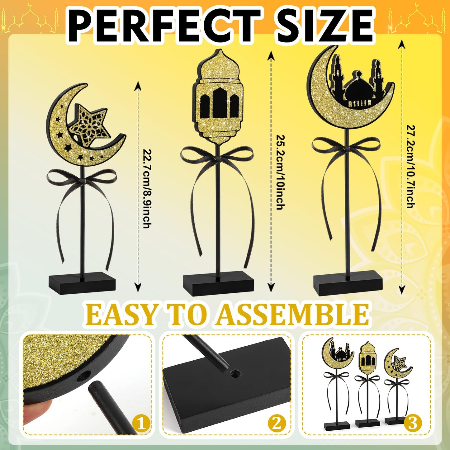 3 Pieces Ramadan Decorations Eid Mubarak Table Decor Wooden Set, Islamic Ramadan Tiered Tray Decor for Muslim Party Tabletop Decor Home (Shiny)