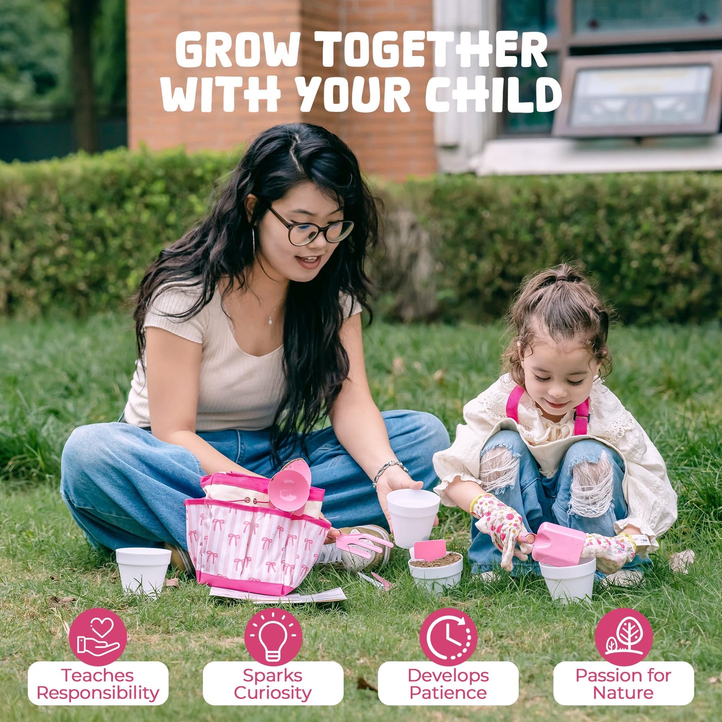 ROBUD Kids Gardening Set 18 PCS Bow Theme Garden Tools for Kids with Storage Bag, Apron, Waterproof Gloves, and Planting Cards – Educational Outdoor STEM Gardening Toy Gift for Girls and Toddlers