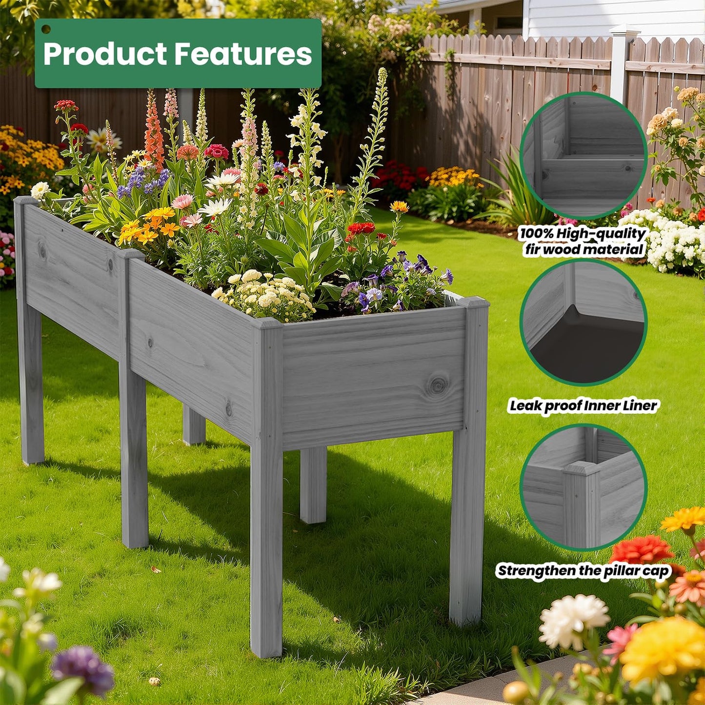 SUNYRISY Dual Wooden Raised Garden Bed Outdoor with Legs for Gardening, 71" L x 23.6" W x 31.5" H Elevated Planter Garden Box Raised Bed for Vegetable Flower Herb, Gray