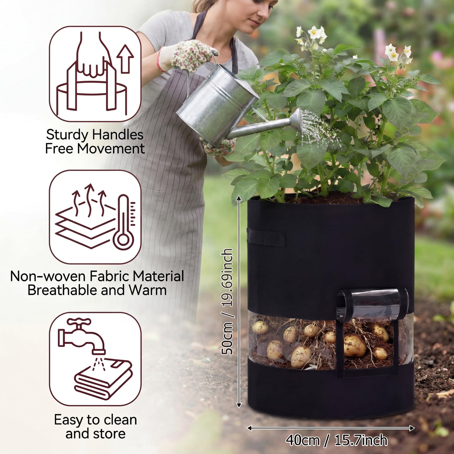 Baderke 2 Pack Visible Potato Grow Bags with Harvest Window, 360 Visibility Plant Grow Bags with Handles for Planting Potatoes, Tomatoes and Vegetables (20 Gallon,Black)