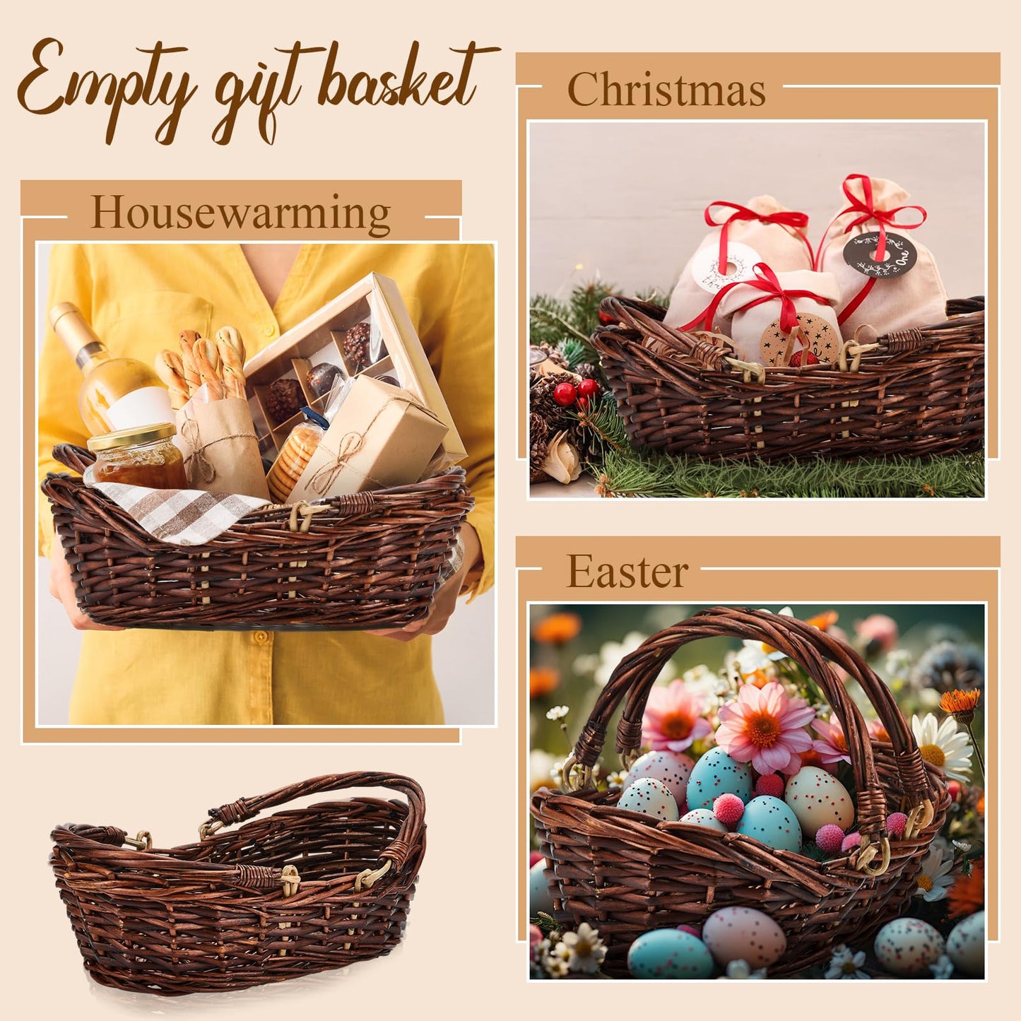 Sintuff 6 Pcs Wicker Picnic Basket with Handle Garden Harvest Empty Easter Eggs and Candy Basket Oval Willow Woven Storage for Organizing, Fruit Egg Storage Gathering Wedding Gifts (Dark Brown)