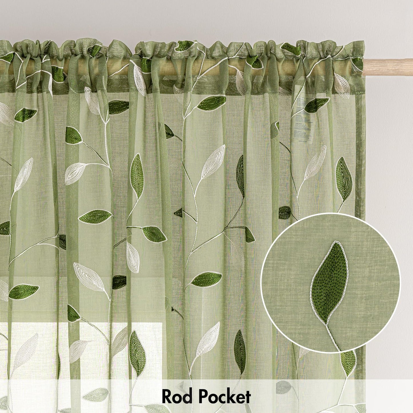 MIULEE Sage Green Sheer Curtains 2 Panels Embroidered Leaf Patterned Rod Pocket Floral Semi Sheer Faux Linen Window Curtains Drapes Set for Living Room Bedroom Dining Room, 52x84 Inches Long