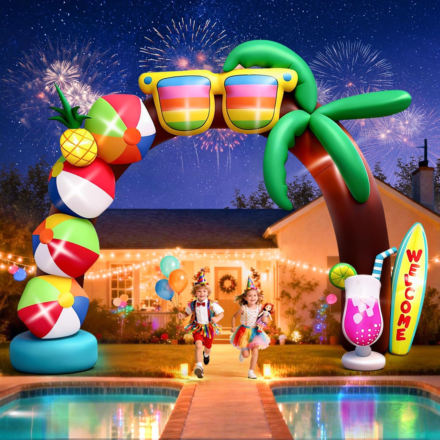 Kalolary 10FT Tall Summer Inflatable Outdoor Decorations, Beach Ball Archway Blow Up Inflatable Arch with Build-in Lights for Beach Party Pool Party Yard Garden Summer Decors