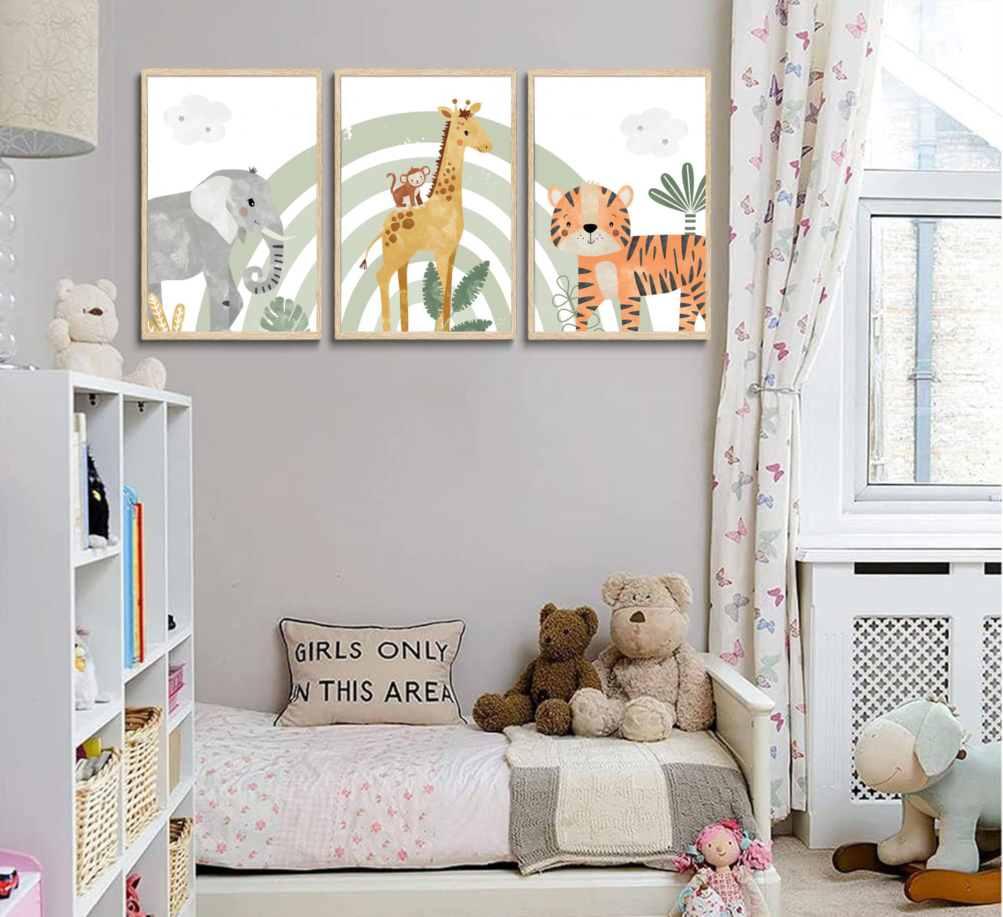 3Pcs Safari Animals Canvas Wall Art elephant tiger giraffe Posters Prints Bohemian Rainbow elements Paintings Pictures wall decor for Nursery Baby Bedroom Decorations Unframed