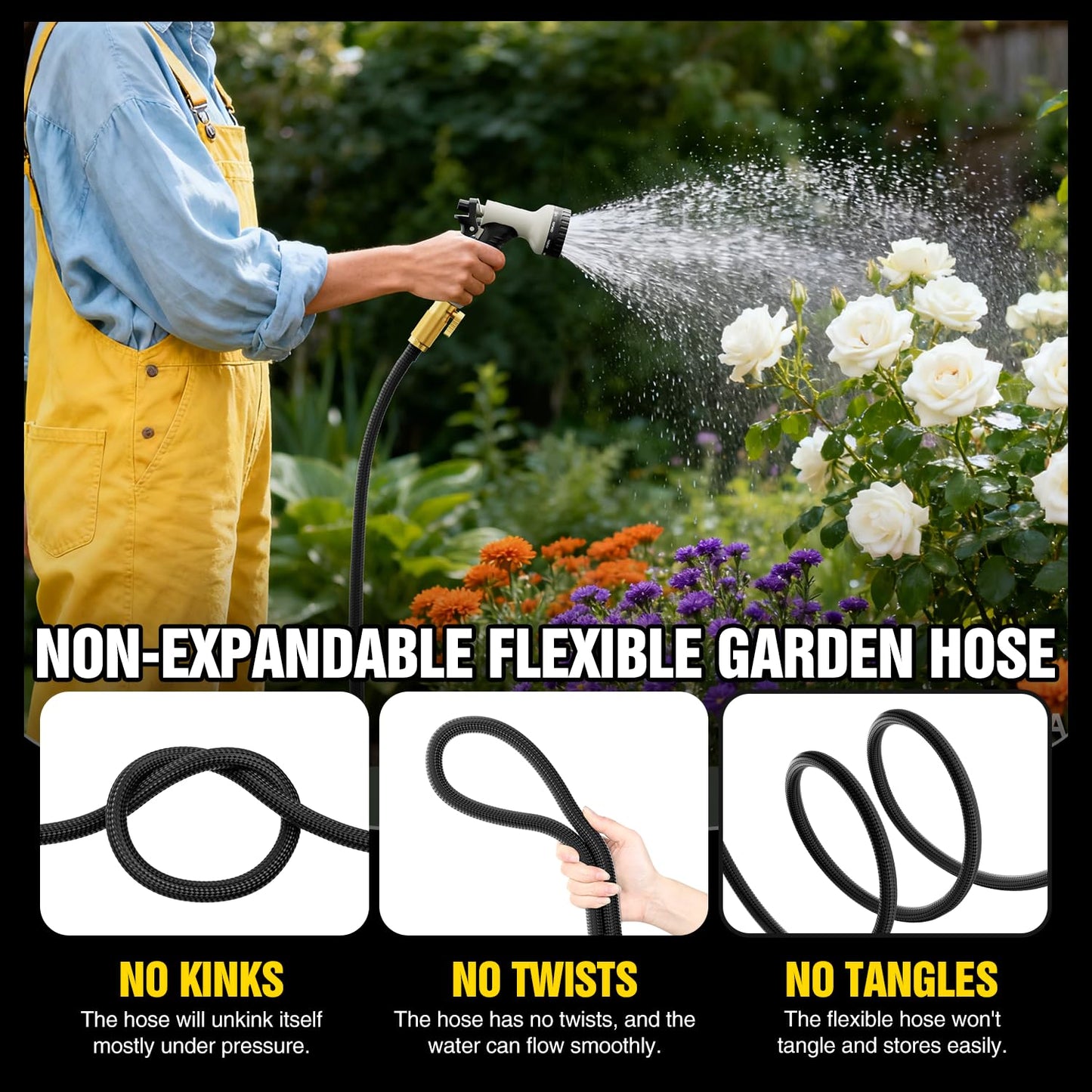 Garden Hose 100 ft Non-Expandable, Flexible Water Hose, Lightweight Hose with 10-Function Nozzle for Yard, Portable, Leak Proof, All-Weather Water Pipe for Outdoor, Car Wash, RV, Lawn