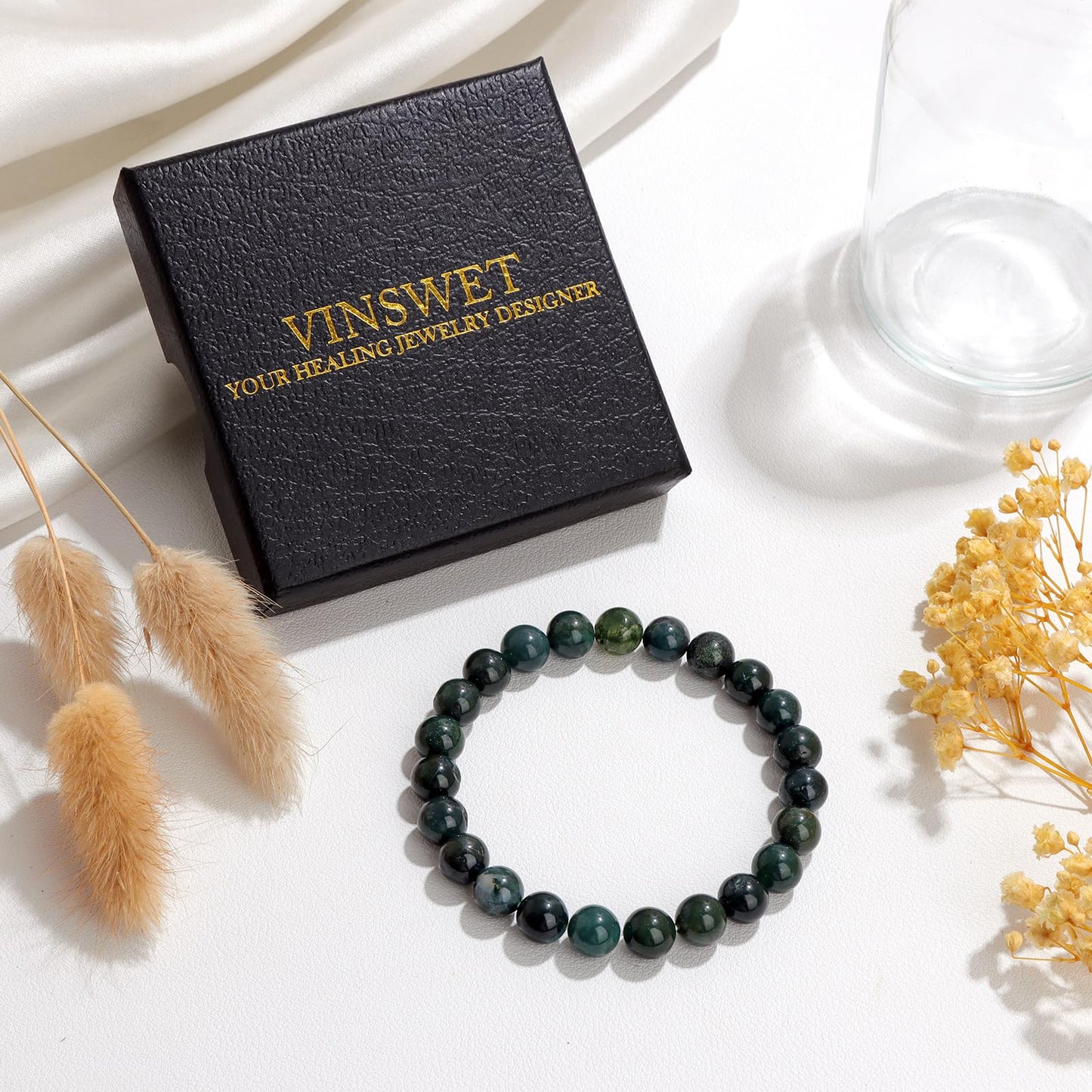 Vinswet Healing Crystal Bracelets for Women Men 8mm Moss Agate Natural Stone Beaded Stretch Bracelet Handmade Gemstone Reiki Spiritual Jewelry Gifts