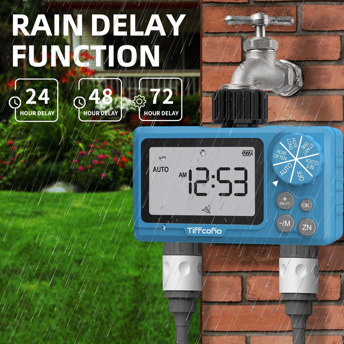 TiFFCOFiO Sprinkler Timer Outdoor, Digital Programmable for Garden Hose, Irrigrtion Timer with Rain Delay and Manual Mode (2 Oulets, 1 Pack)